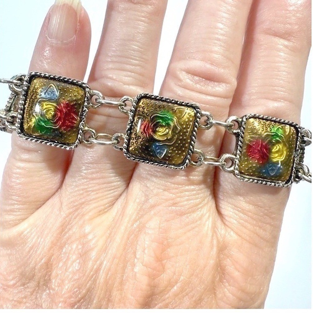 Vintage Floral Panel Link Bracelet Enamel Rose Gold Tone Boho Jewelry