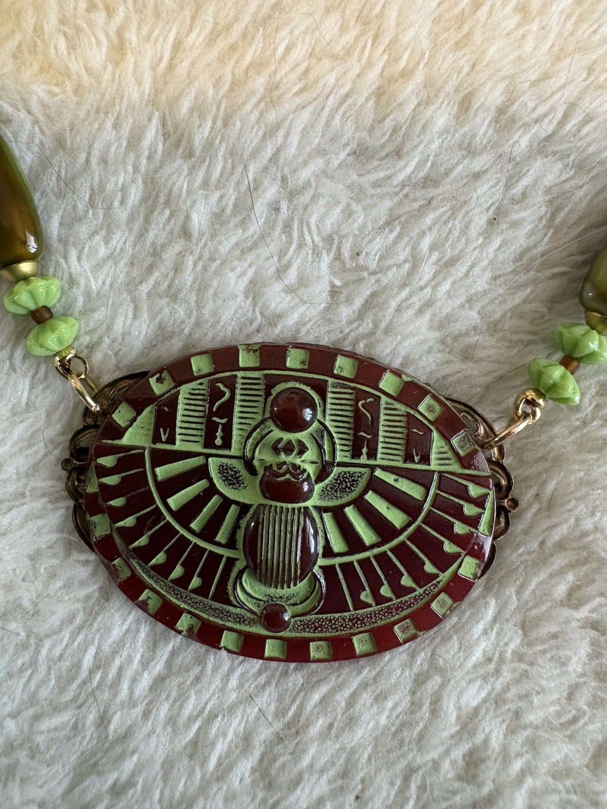 Art Deco Vintage Max Neiger Egyptian Winged Scarab 30” Long Necklace Pendant