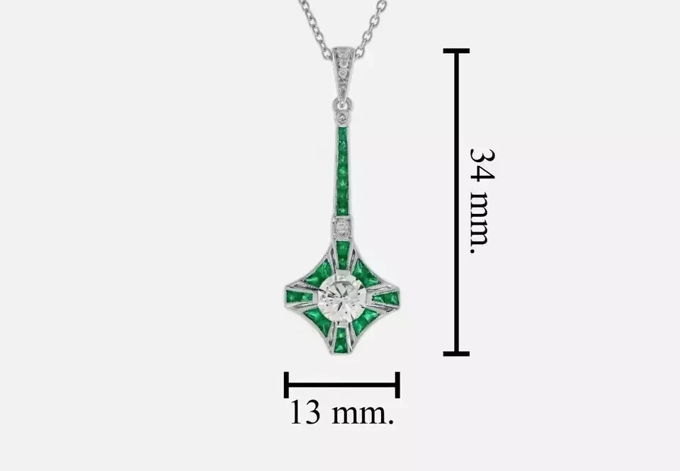 Art Deco Style Round Lab Created Diamond & Emerald Pendant 14k White Gold Finish