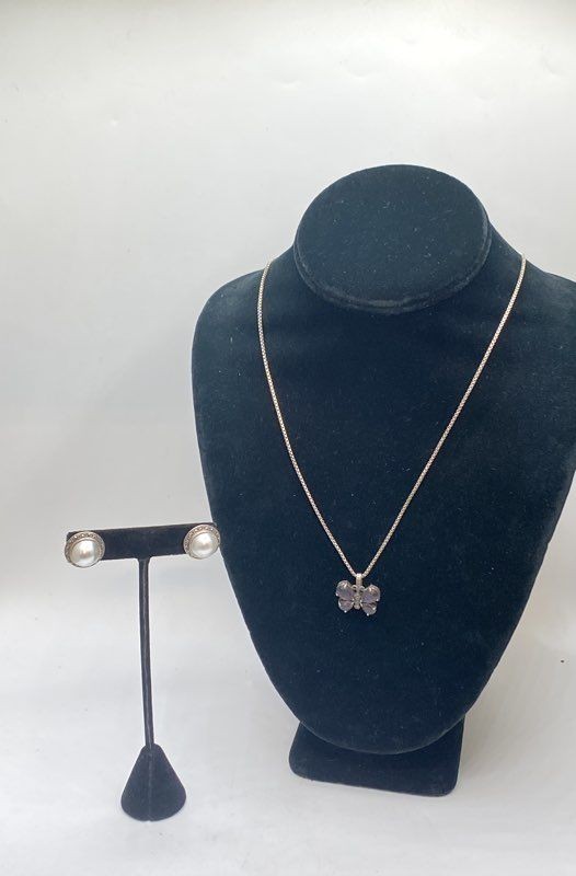 Mulholland 925 Silver Amethyst Butterfly Necklace & Faux Pearl Earring Set