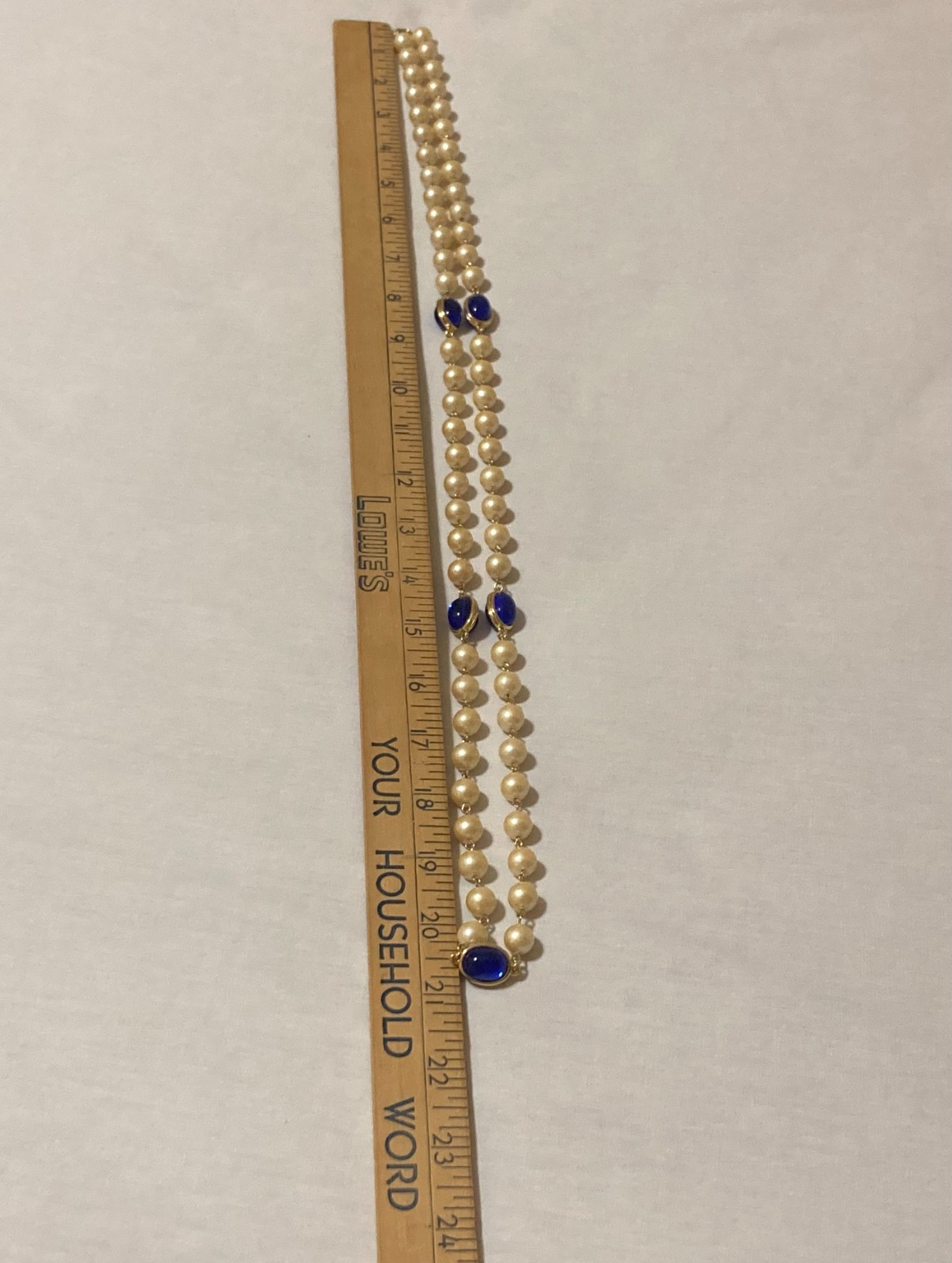 Vintage Faux Pearl Beaded Necklace Bezel Cobalt Blue Cabochon Opera Flapper 42″