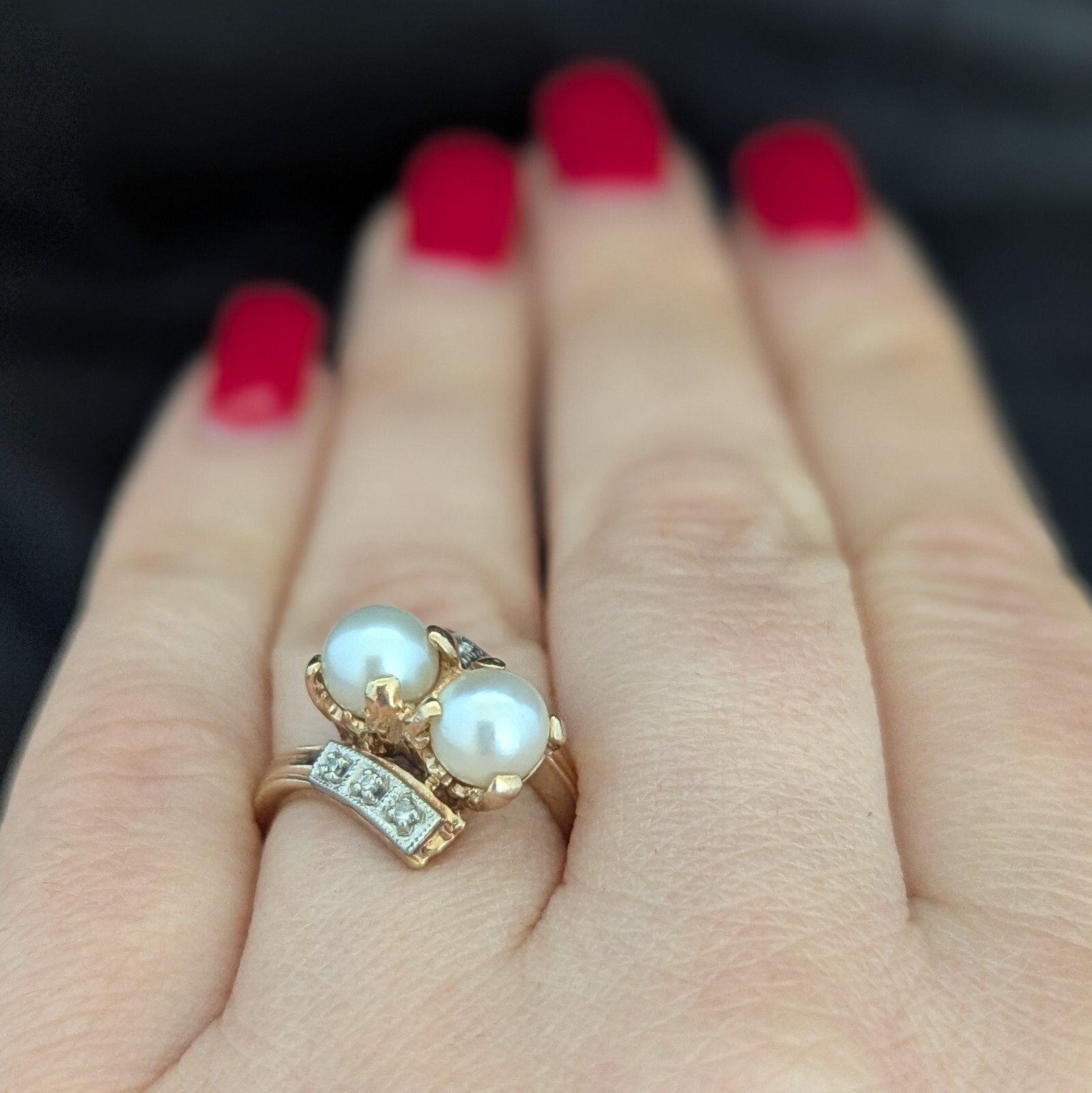 Vintage Toi At Moi Ring Pearls Diamonds 10k Yellow White Gold Estate Retro Gift
