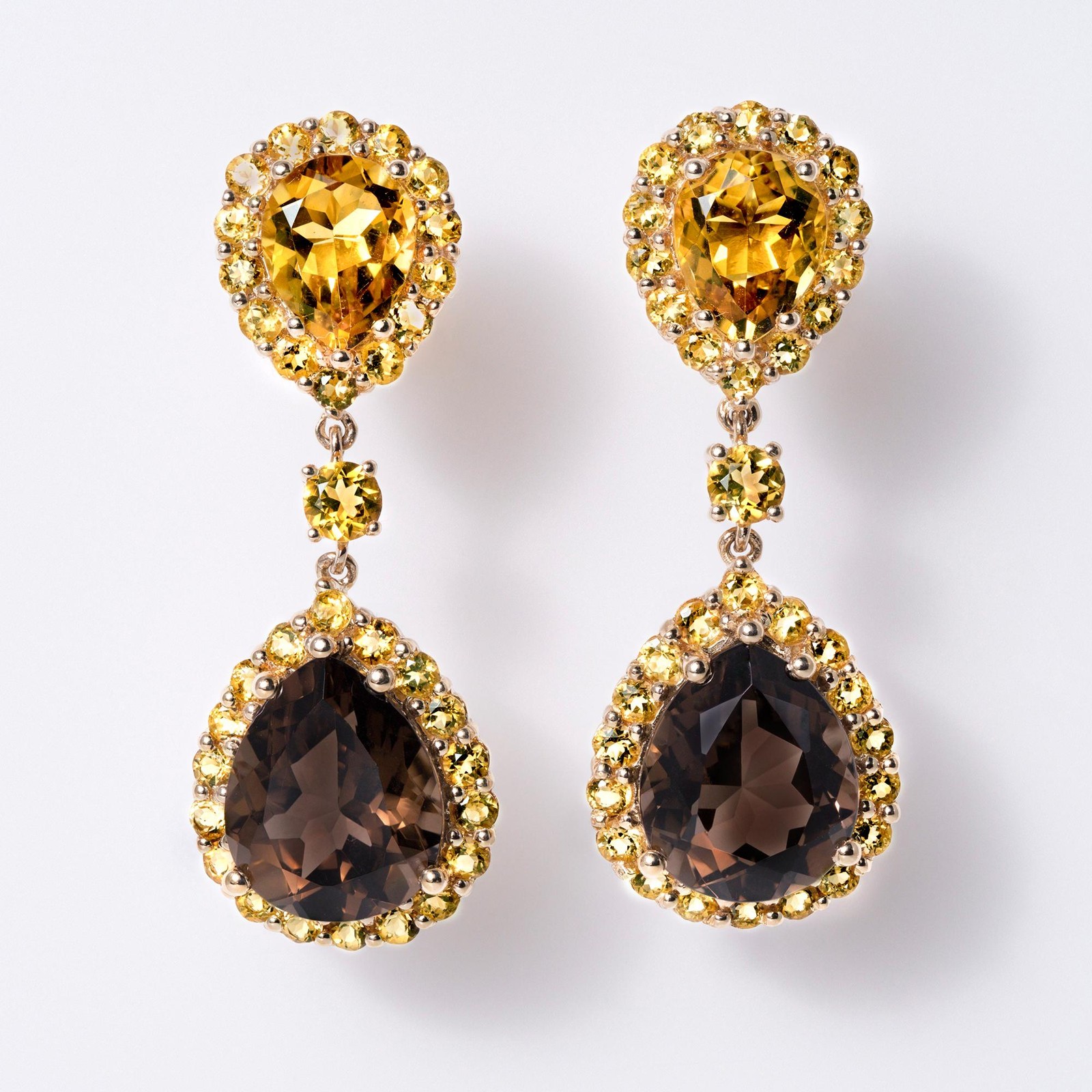 Vintage Mid Century Smoky Quartz & Citrine Double Drop Estate Earrings