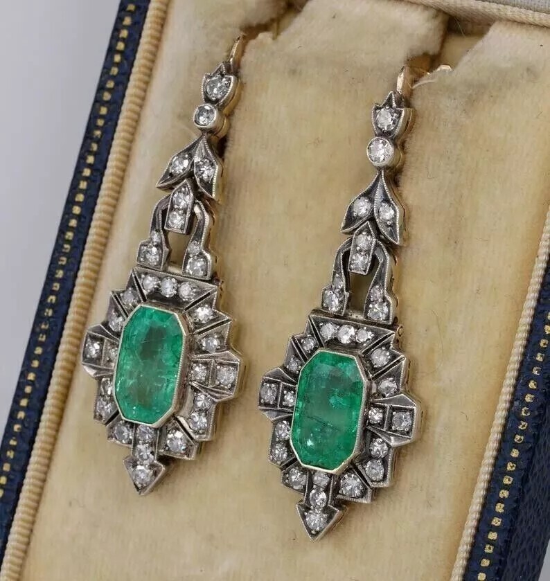 Art Deco Lab Created Emerald Engagement Wedding 14K White Gold Finish Earrings