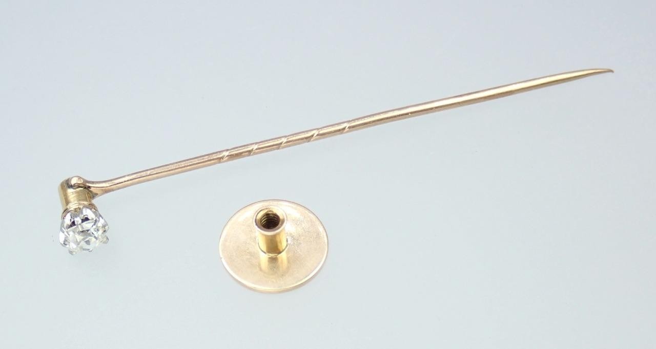 Pretty Antique Victorian 12K Gold Old Mine Cut Diamond Collar Stud Stick Pin Box