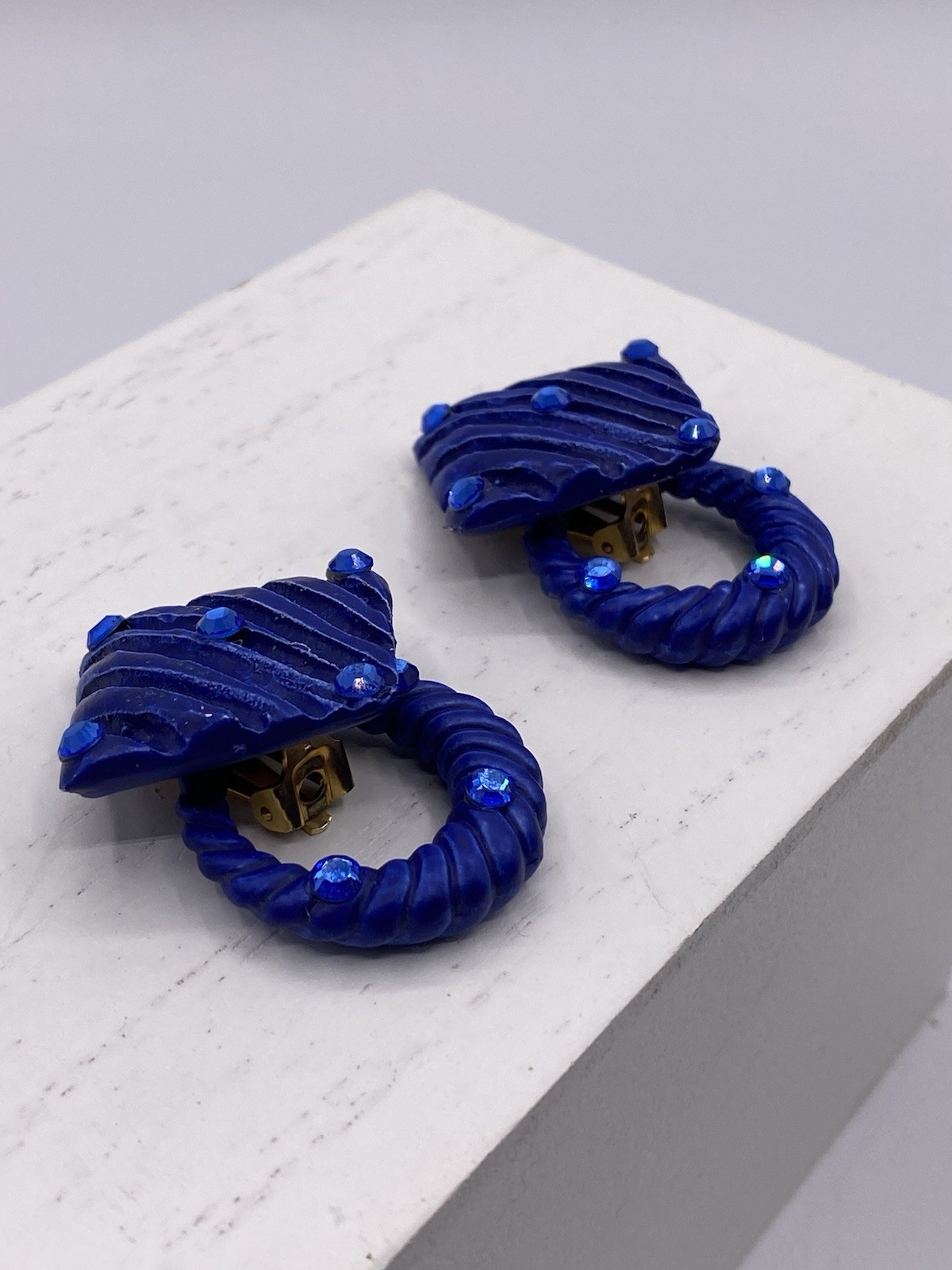 Jeff Lieb Signed Blue Rhinestones Clip On Earrings Squares W/ Detachable Circles