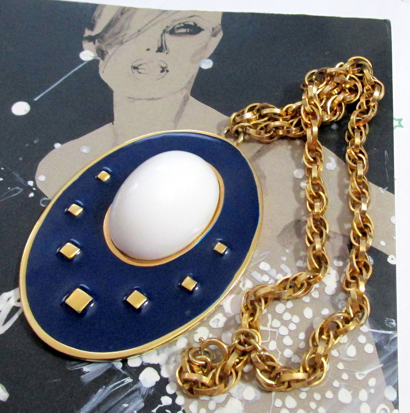 Vtg Runway Rare NAPIER Blue Enamel White Cab Pendant Necklace Book Pc BERTOLLI