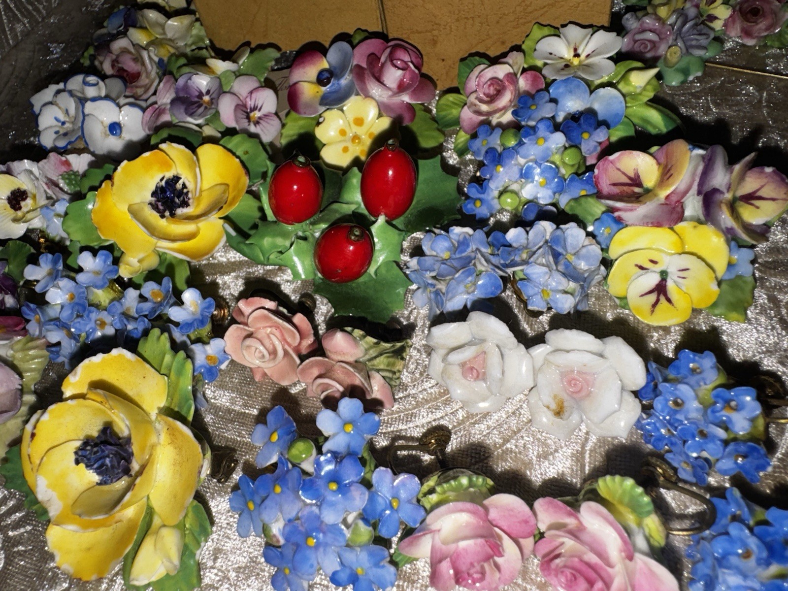 Vtg Jewelry Lot Signed English Fine Bone China Flower Art Brooch Earring Garden