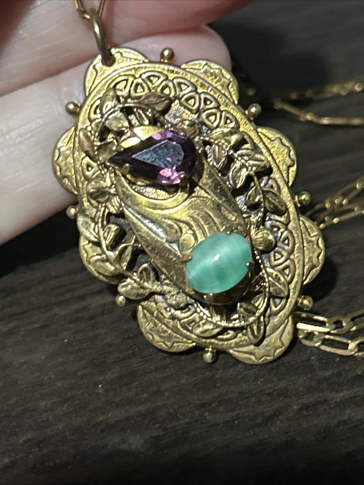 Vintage French Stamp Gold Plate Necklace Art Deco Purple Green Stones Pendant