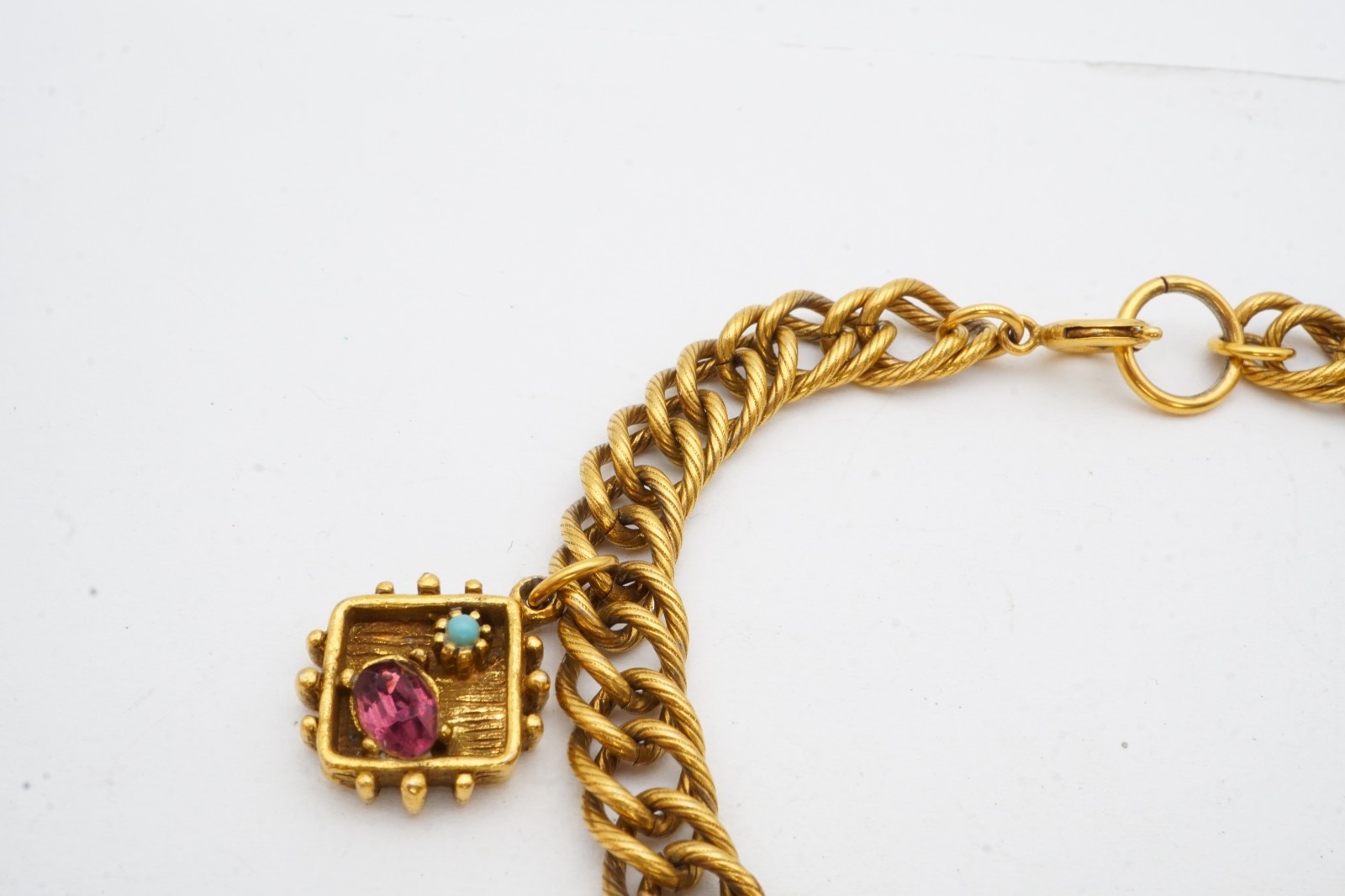 Vintage Bracelet Gold Tone Rhinestone Charm 7.5″