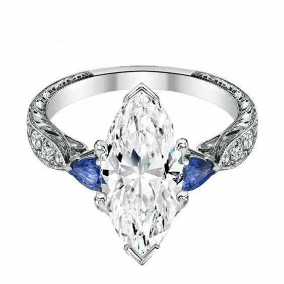 Art Deco Marquise Cut Lab Created Diamond Wedding 14Ct White Gold Finish Ring