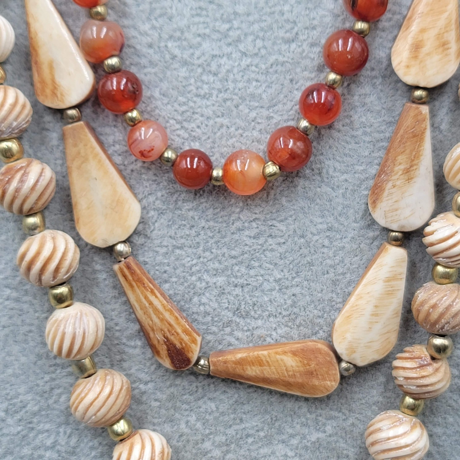 Vintage Ethnic African Bead Necklace Bovine Cow Bone Brass Carnelian Stone