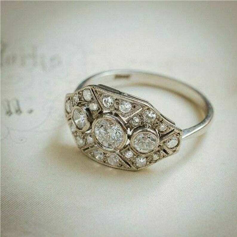 Art Deco Style 1Ct White Round CZ Bezel Set Wedding Ring 935 Argentium Silver