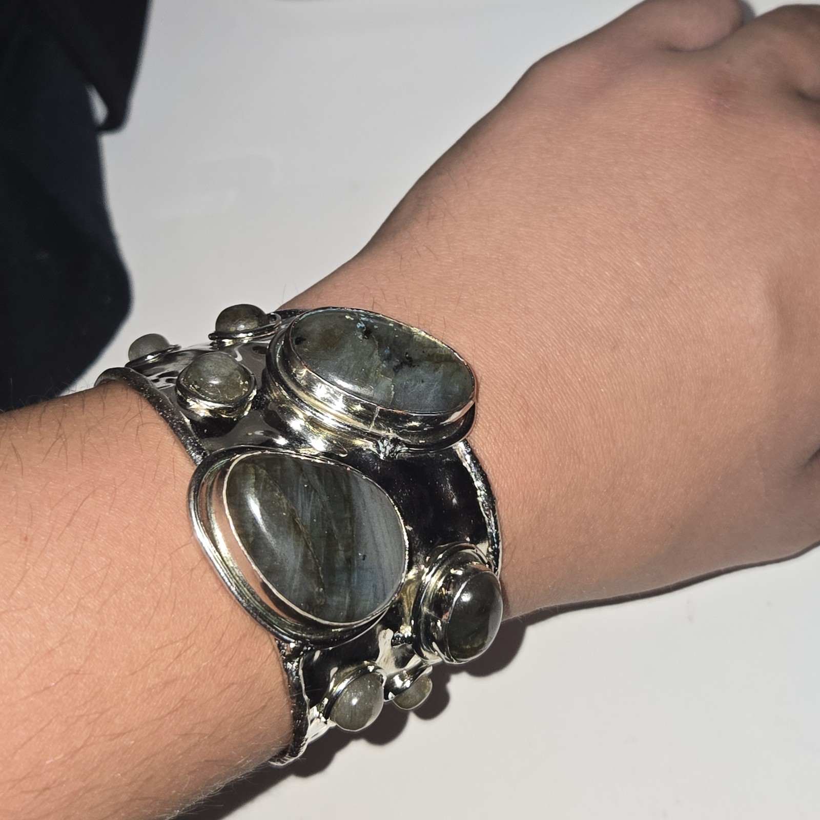 Vtg Metal Cuff Bracelet Labradorite Stones Brutalist Art Adjustable Bold Design