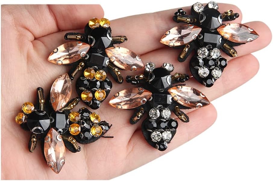 4Pcs Bees Sequins Rhinestones Bead Brooch Patches Applique Vintage Embroidered F