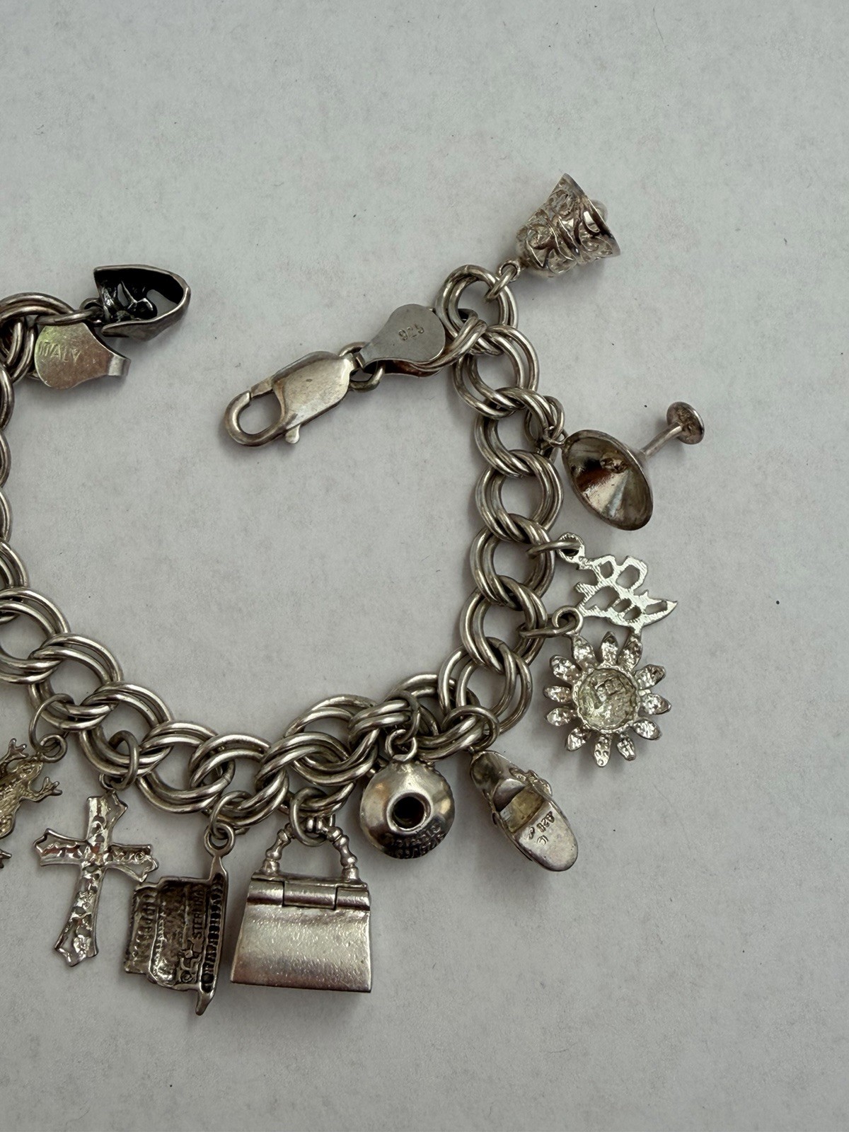 Vintage 925 Sterling Silver 14 Charms Bracelet Lobster Clasp See Pics 36g B8