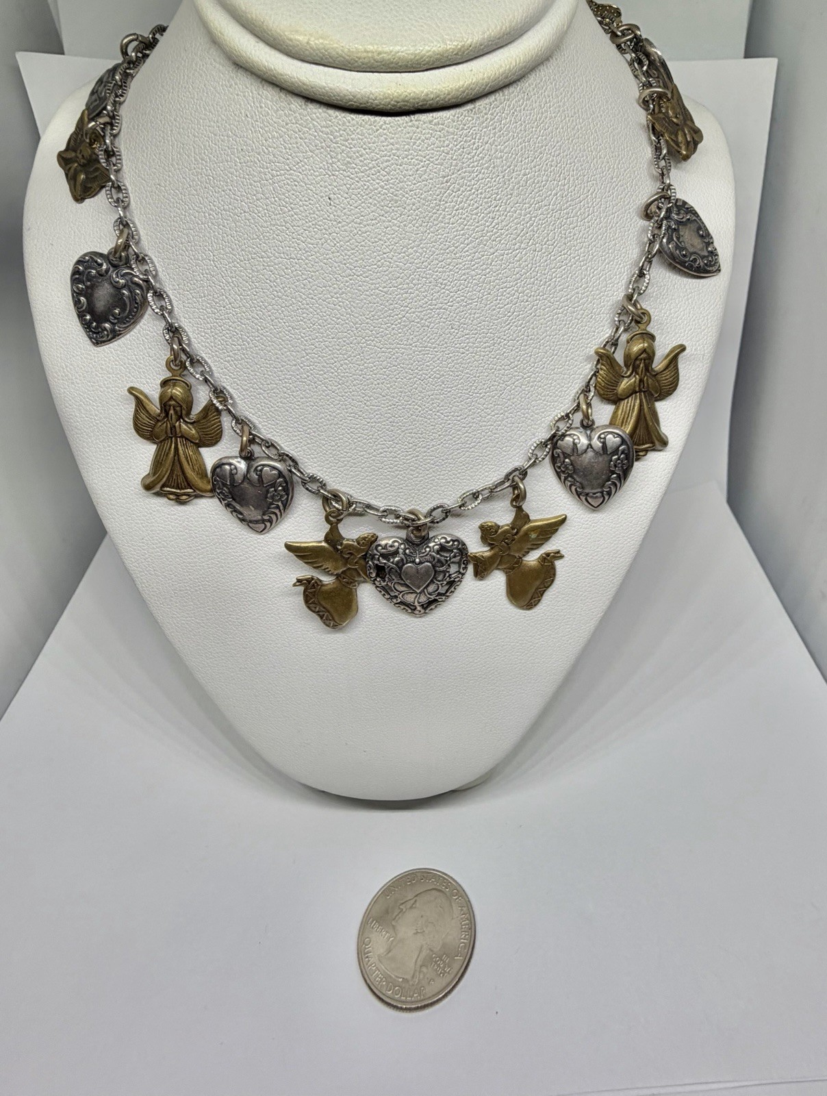 Vintage Silvertone Hearts & Goldtone Brass Angels 15 Charm Necklace 24”