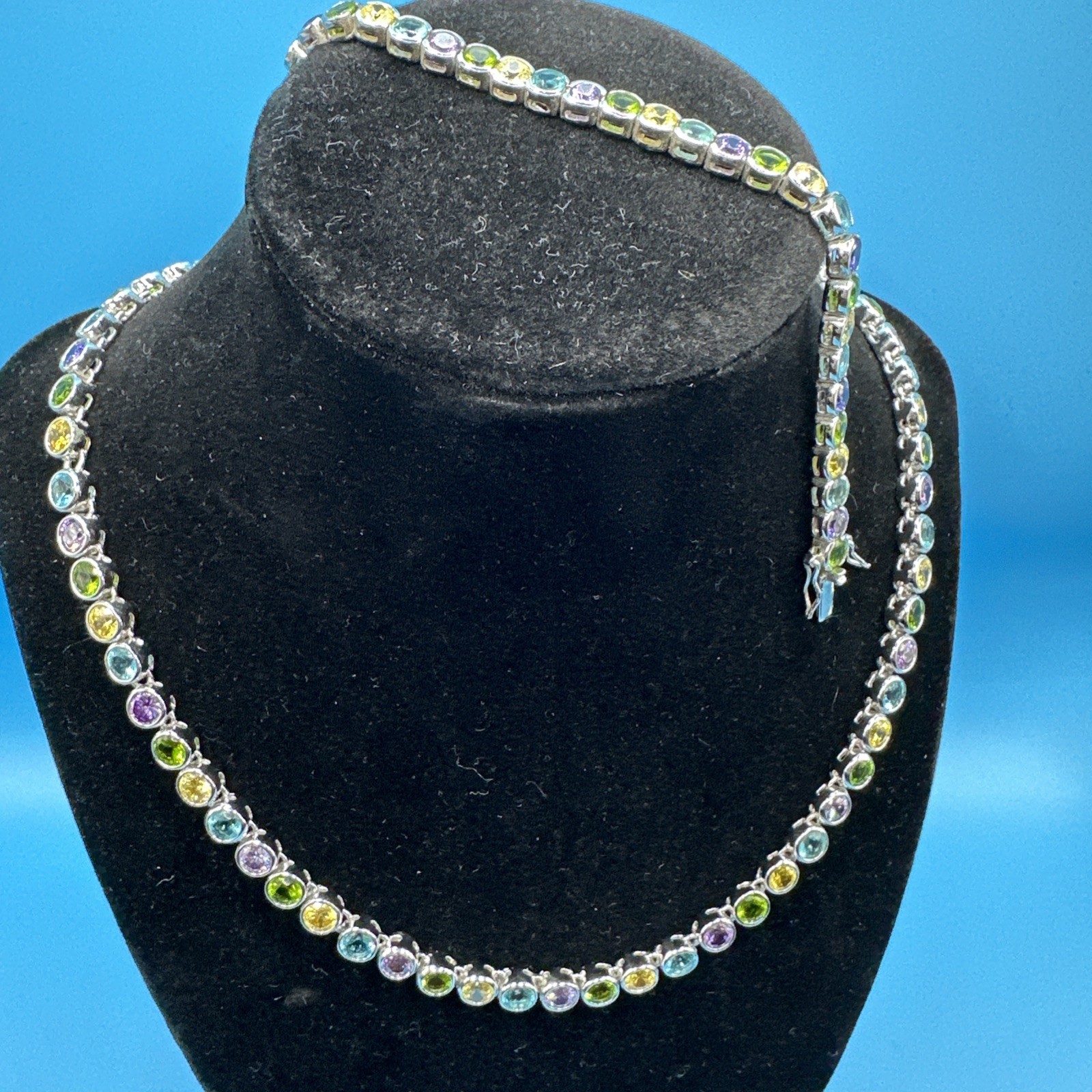 Vintage Suzanne Somers MultiColor Bezel 925 Silver Bracelet 7.5in/Necklace 18in