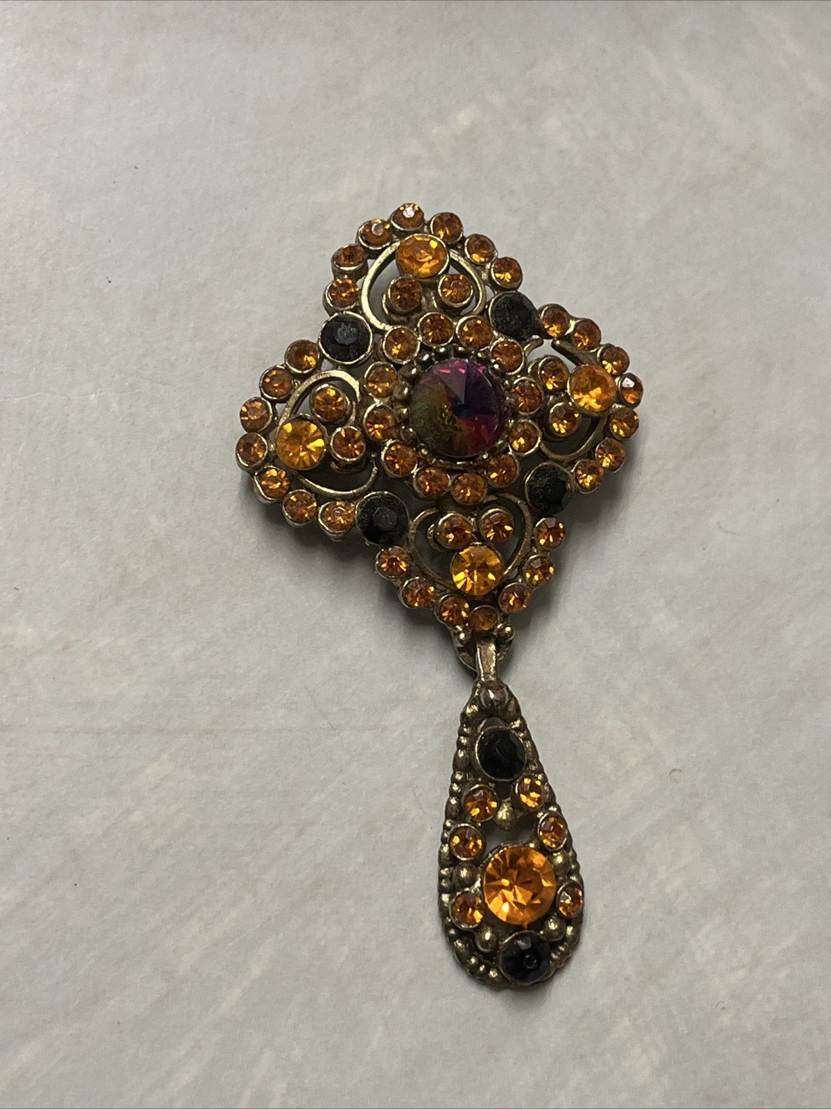 EDLEE VINTAGE RED ORANGE CRYSTAL RHINESTONE DOMED BROOCH 1940s 1950s