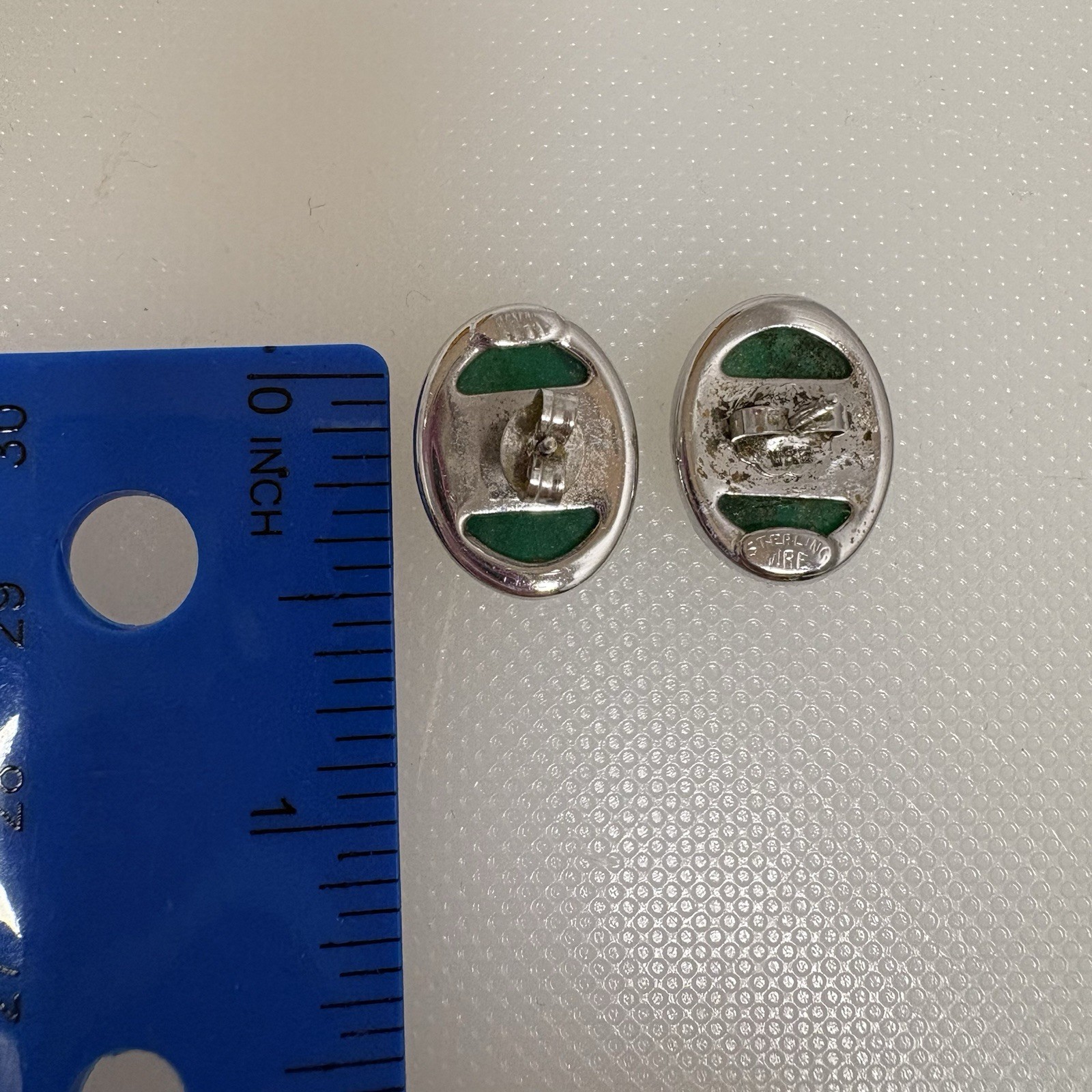 Vintage Green Carved Scarab Beetle Oval Stud Earrings by WRF Sterling Silver