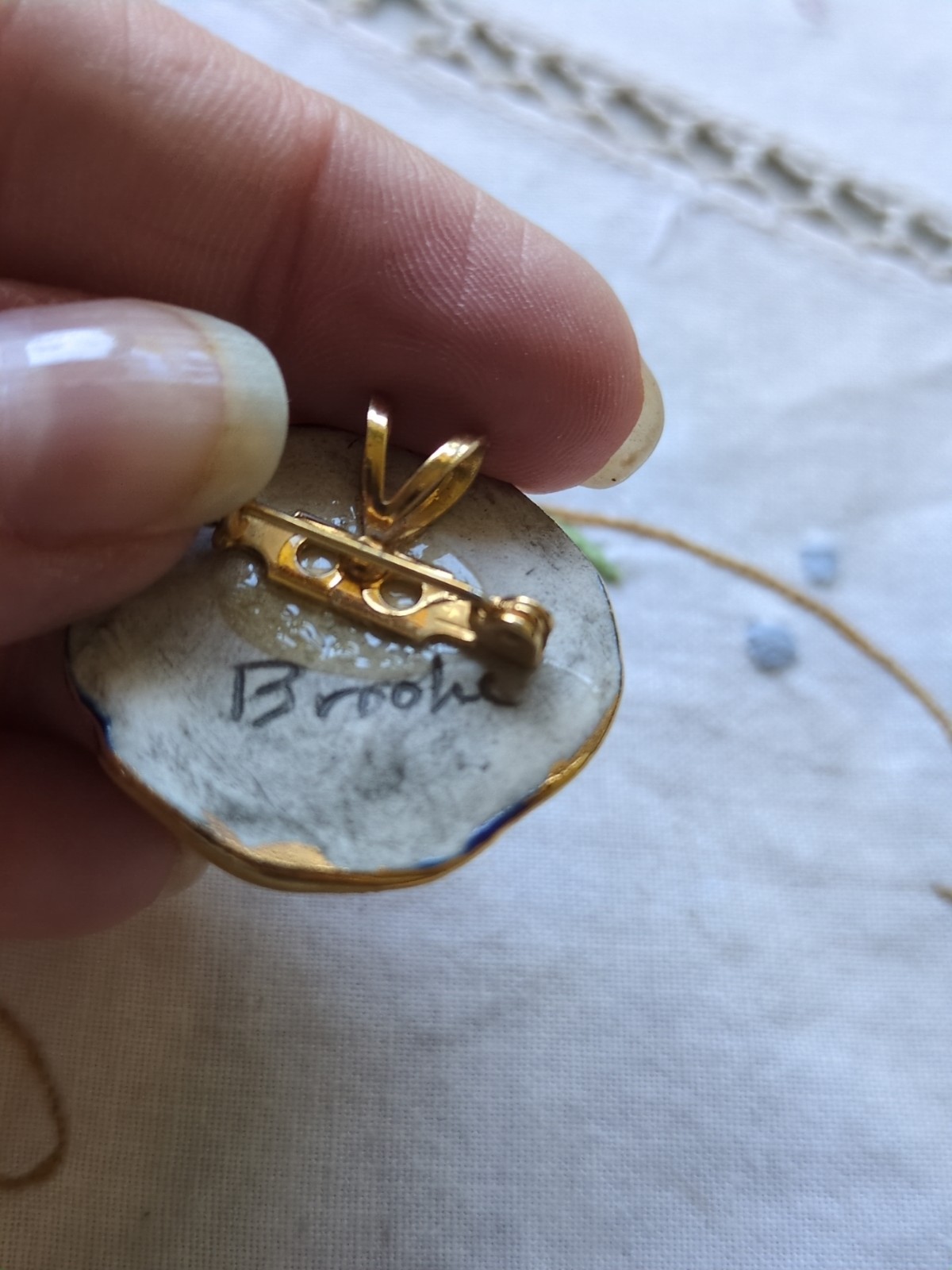 Brooke Andrews Handmade Cherub Angel Ceramic Pendant/ Brooch, Gold Trim