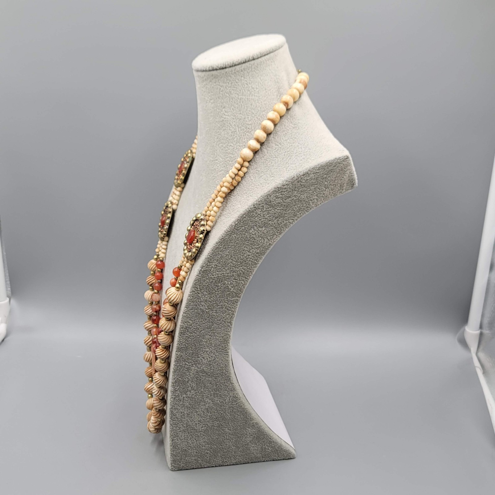 Vintage Ethnic African Bead Necklace Bovine Cow Bone Brass Carnelian Stone
