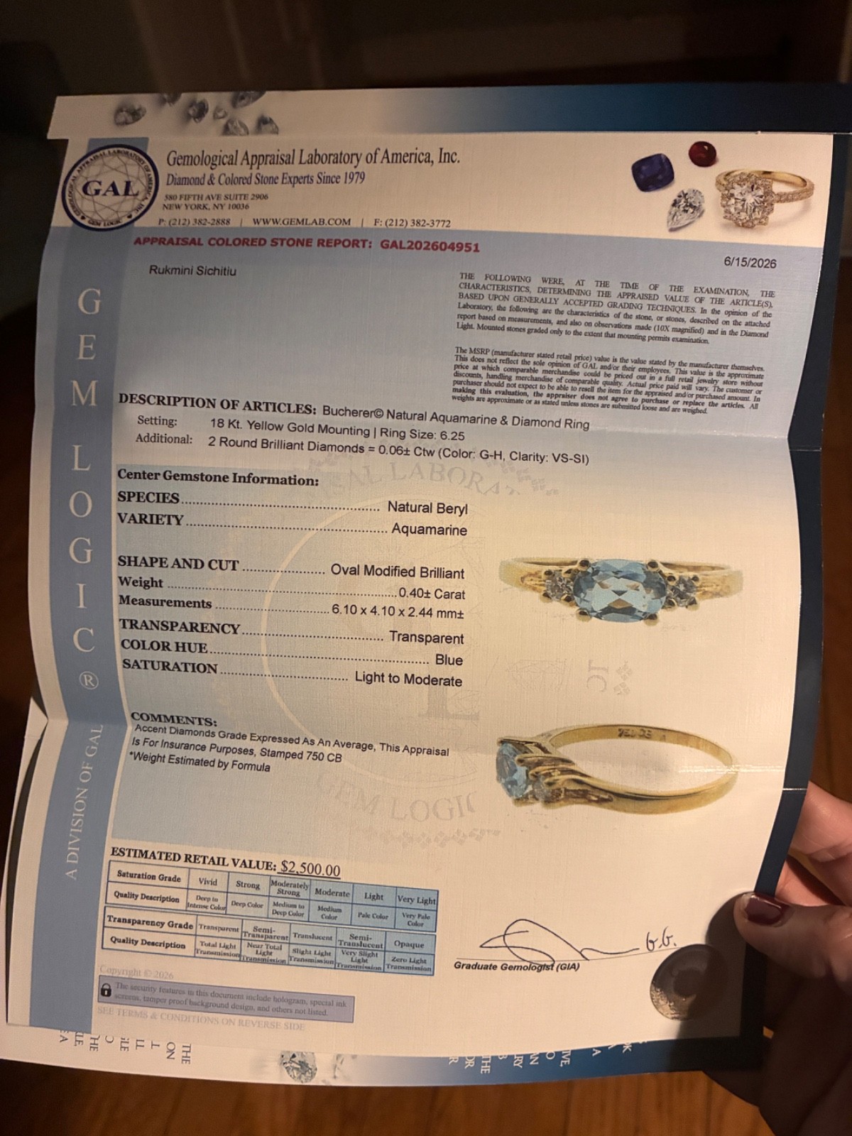 Rare Initialed Carl Bucherer Aquamarine & Diamond Ring – 18K Gold (750)