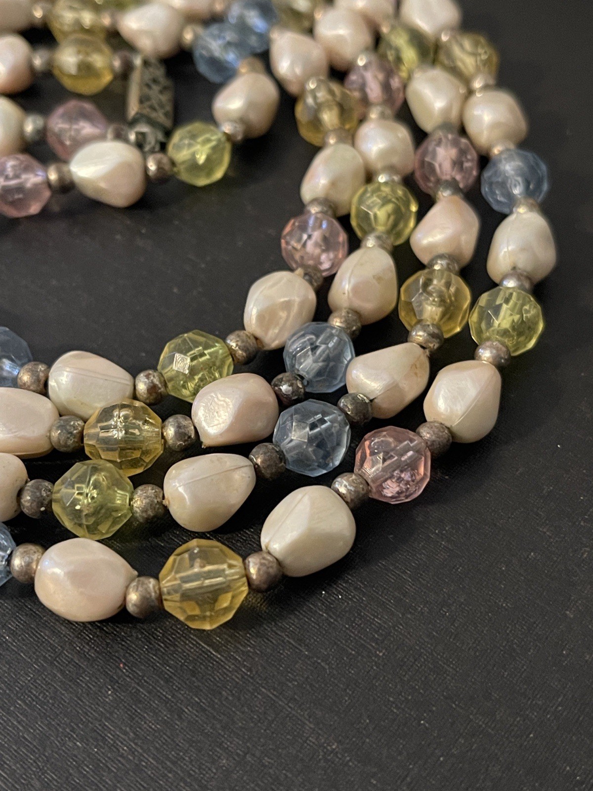 1930’s Faux Pearl & Faceted Pastel Beaded Necklace 60”