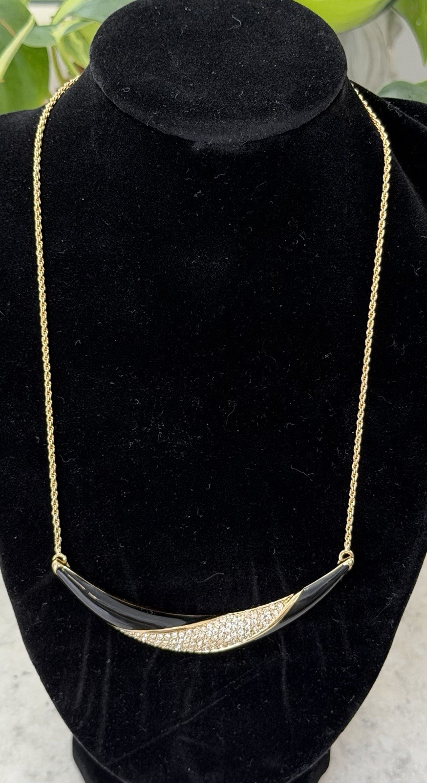 Christian Dior Vintage Necklace Pave Rhinestone Enamel Crescent Gold Plate 16”