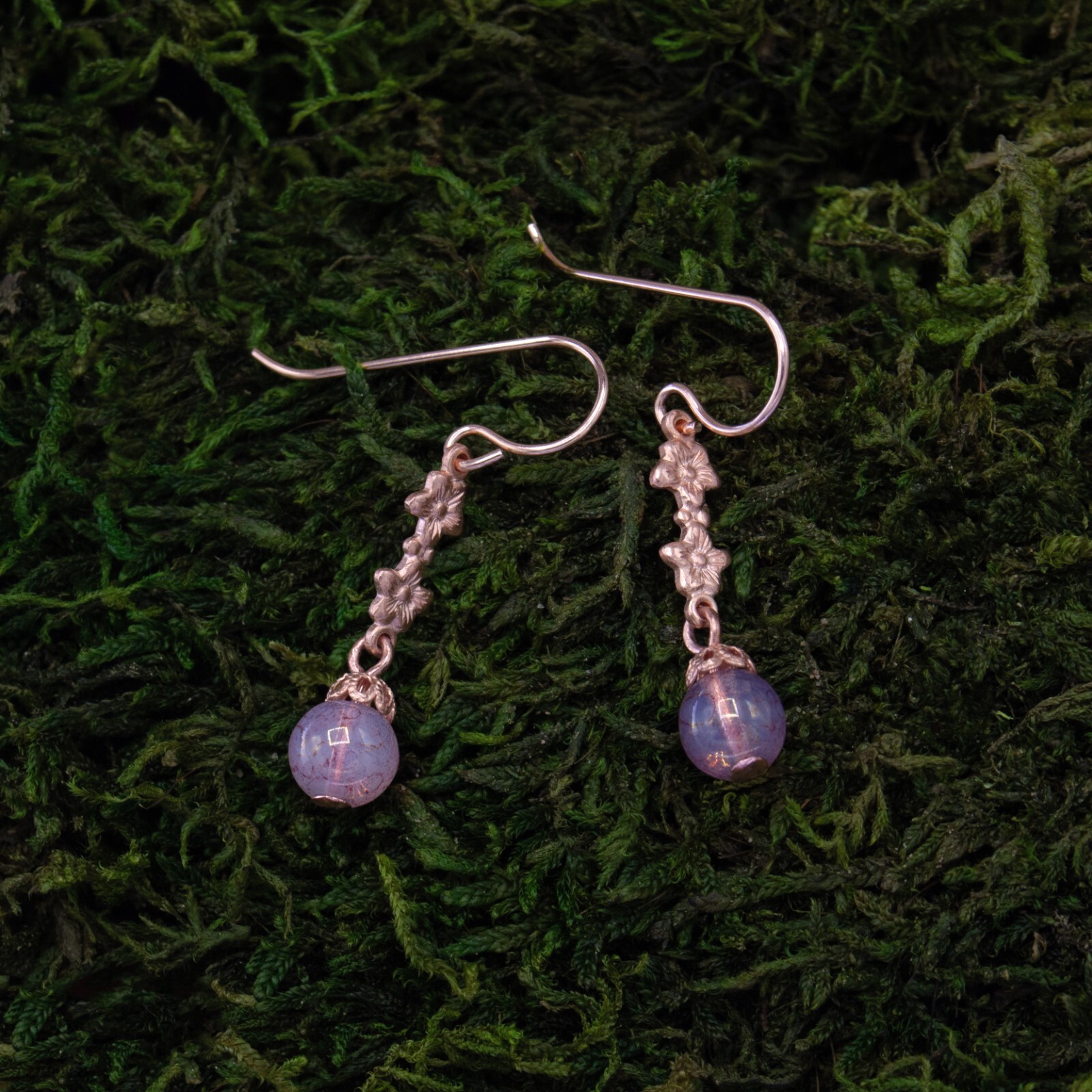 Vintage Style Rose Gold Floral Pink Czech Glass Earrings, Gift for Her, Daughter