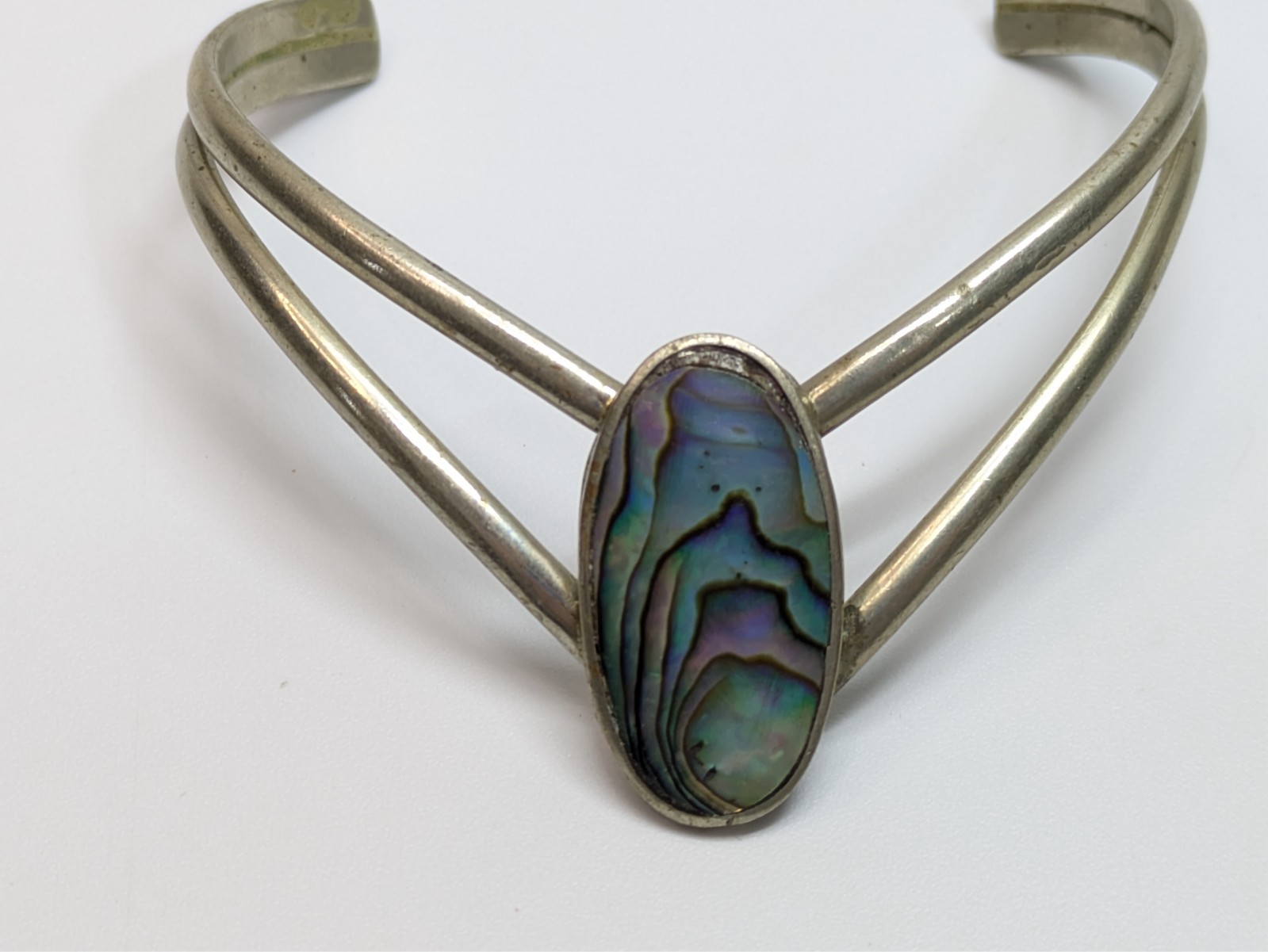 VTG Alpaca Silver Mexico Unique Abalone Shell Cuff Bracelet Double Bar