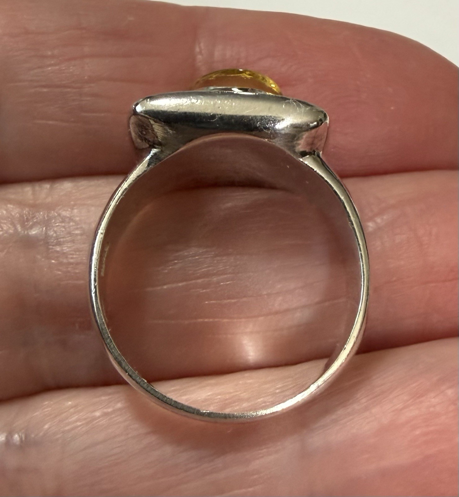 Vintage Modernist Sterling Silver Lemon Amber Cabochon Square Face Ring Size 5.5