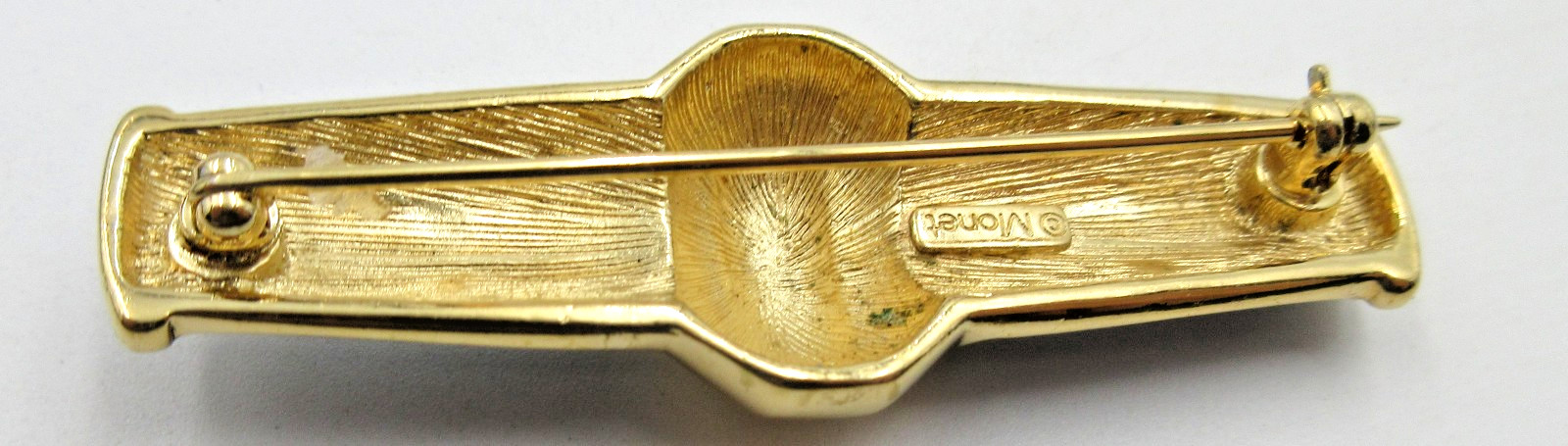 VTG BIG SIGNED MONET UNUSUAL black enamel gold tone geometric Brooch Pin Jewelry