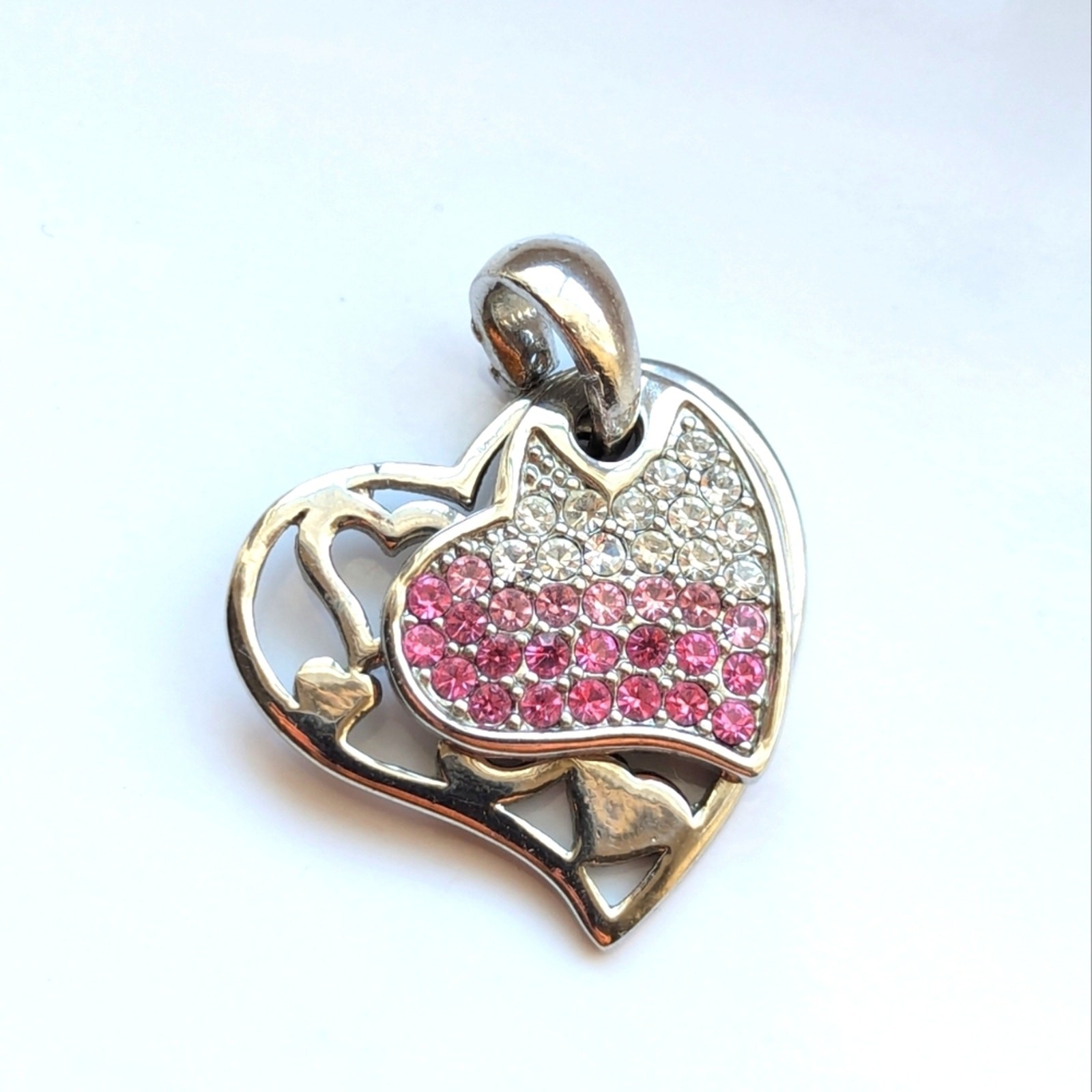 Trendy Pave Rhinestone Layered Silver Tone Open Work Love Heart Necklace Pendant