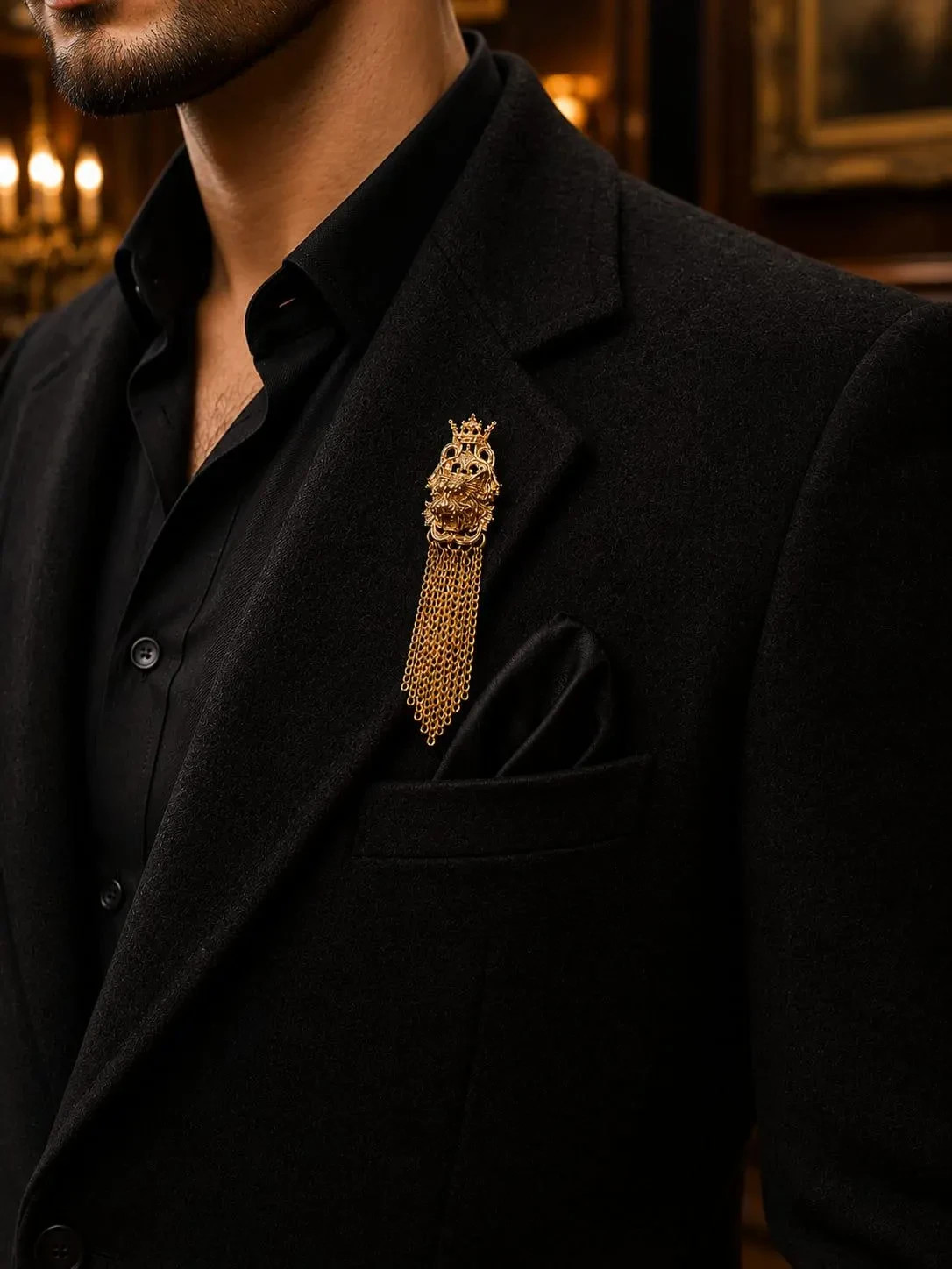 Gold Lion Head Tassel Brooch Pin | Royal Crown Lapel Pin for Men, Vintage Statem