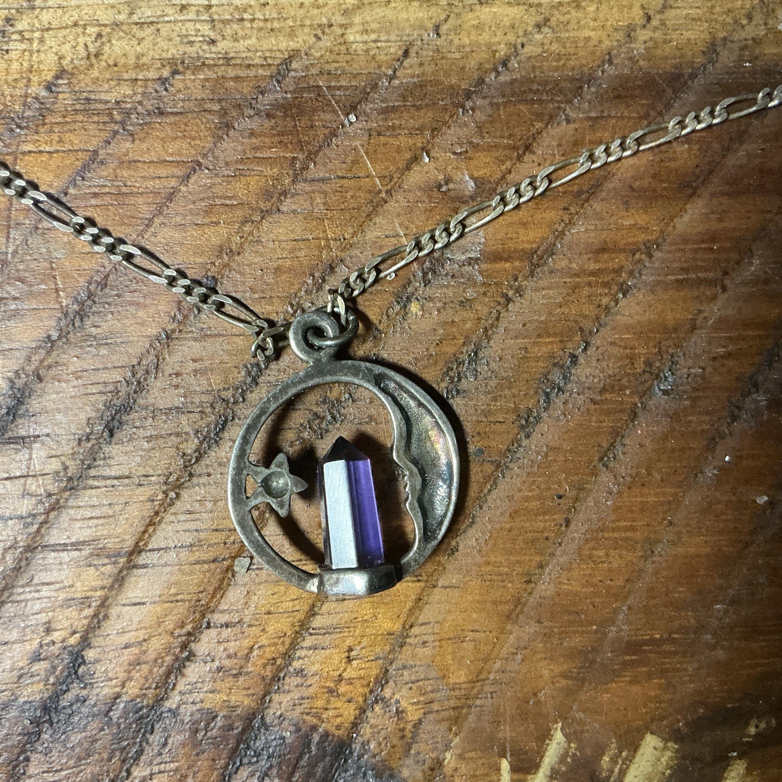 Vintage Sterling Silver Crescent Moon Star Amethyst Pendant Necklace Beautiful!