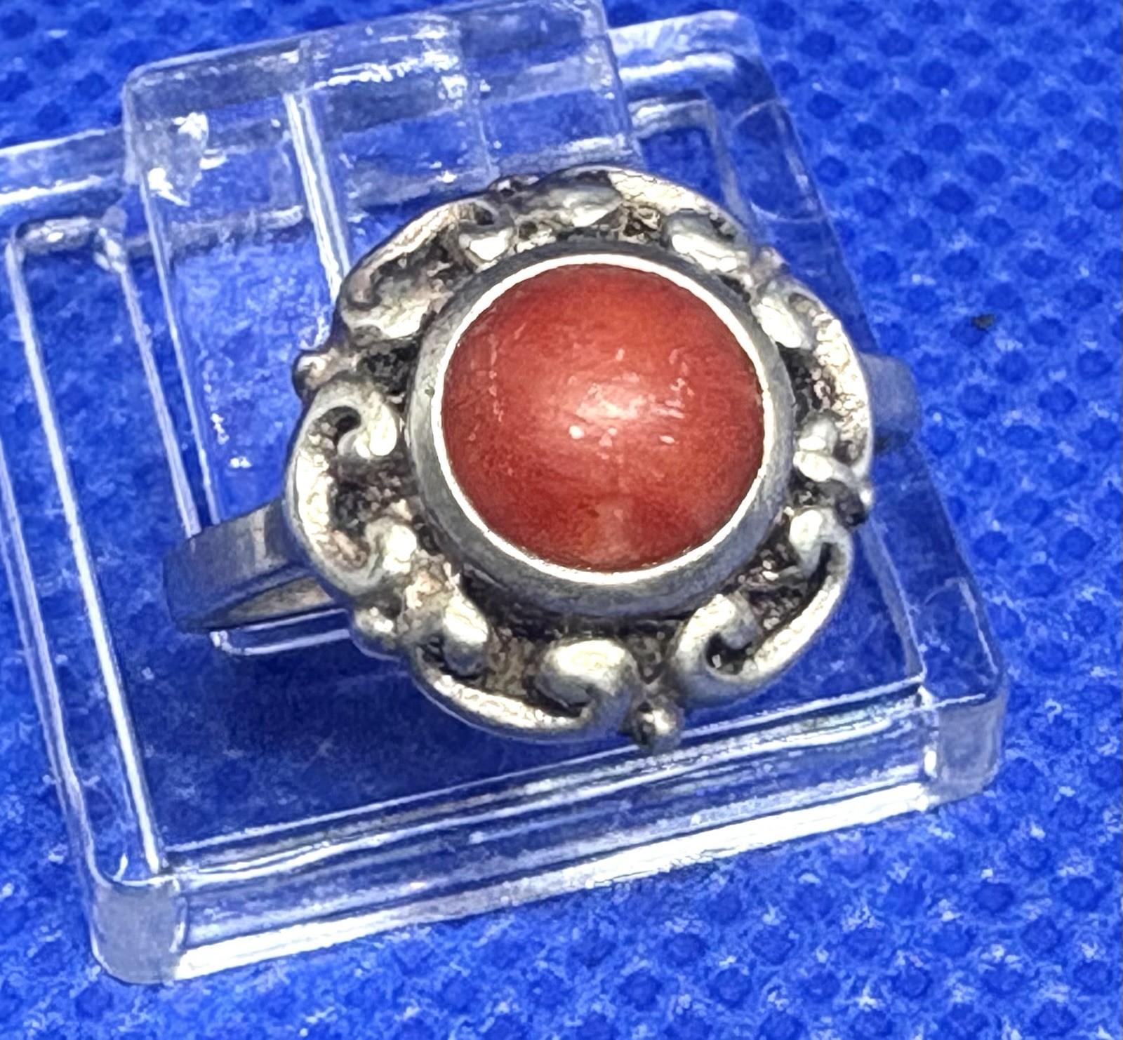 A11 Size 2 Christening ANTIQUE Historic 1890s 6mm Red Coral 835 Silver Ring