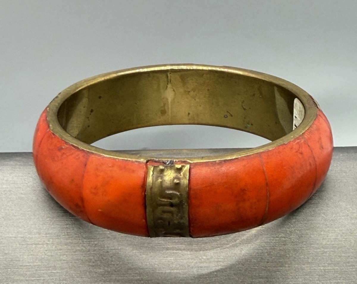 Orange Wood And Brass Textured Made In India Bangle Large Size 9″ Stacker