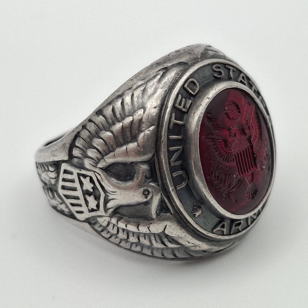 Vintage 925 Sterling Silver US Army Seal Red Intaglio Glass Signet Ring Size 7.5