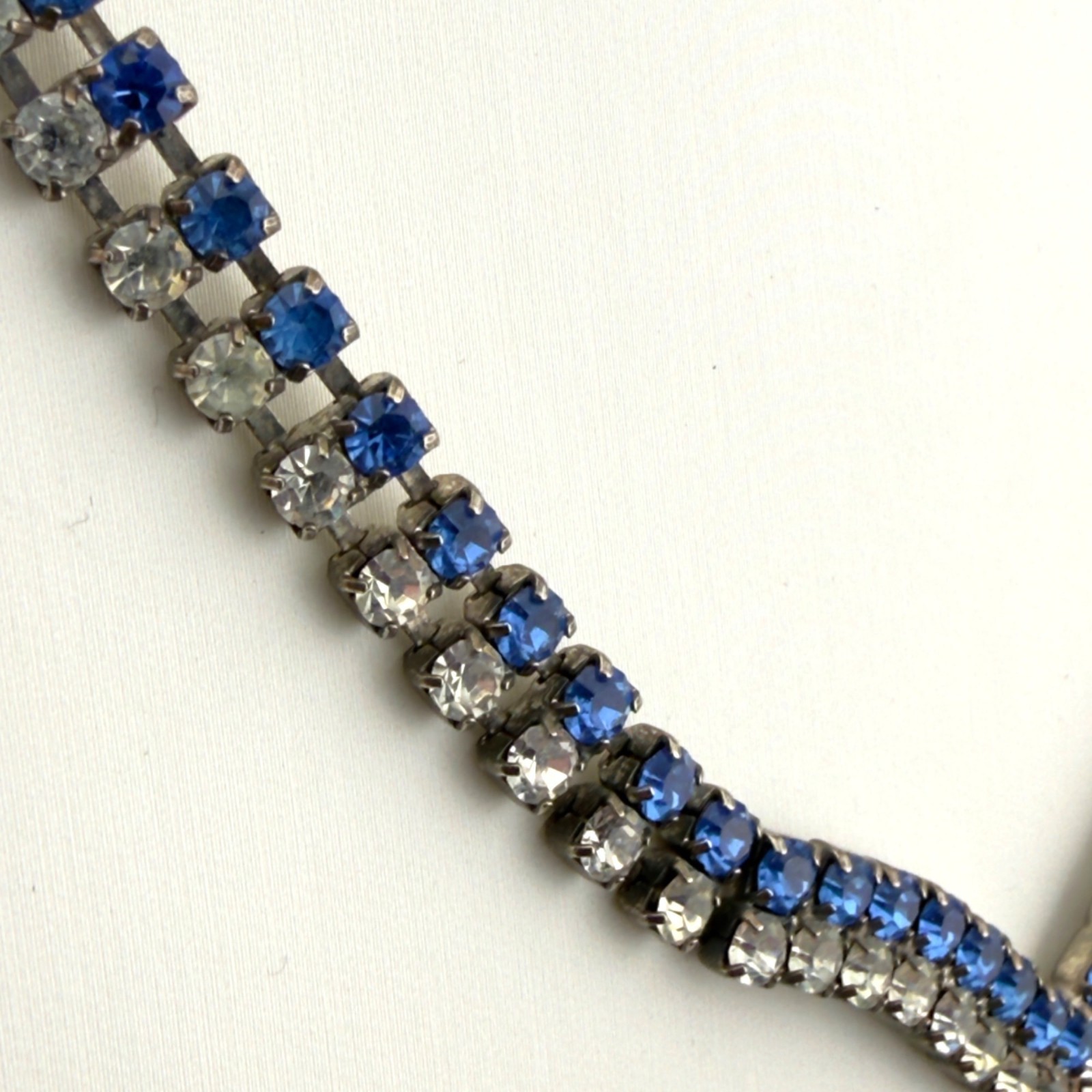 Vintage Blue Clear Rhinestone Necklace V Shape Silver Tone 16-Inch