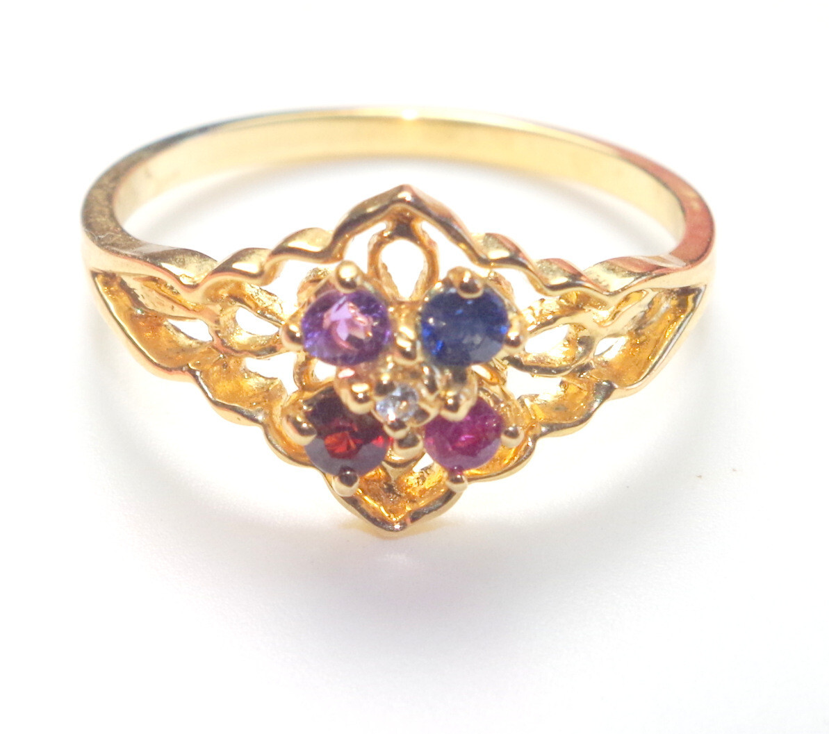 Vintage sapphire, Ruby, Amethyst, Smokey Topaz 14k GF Cocktail Four Stone Band R