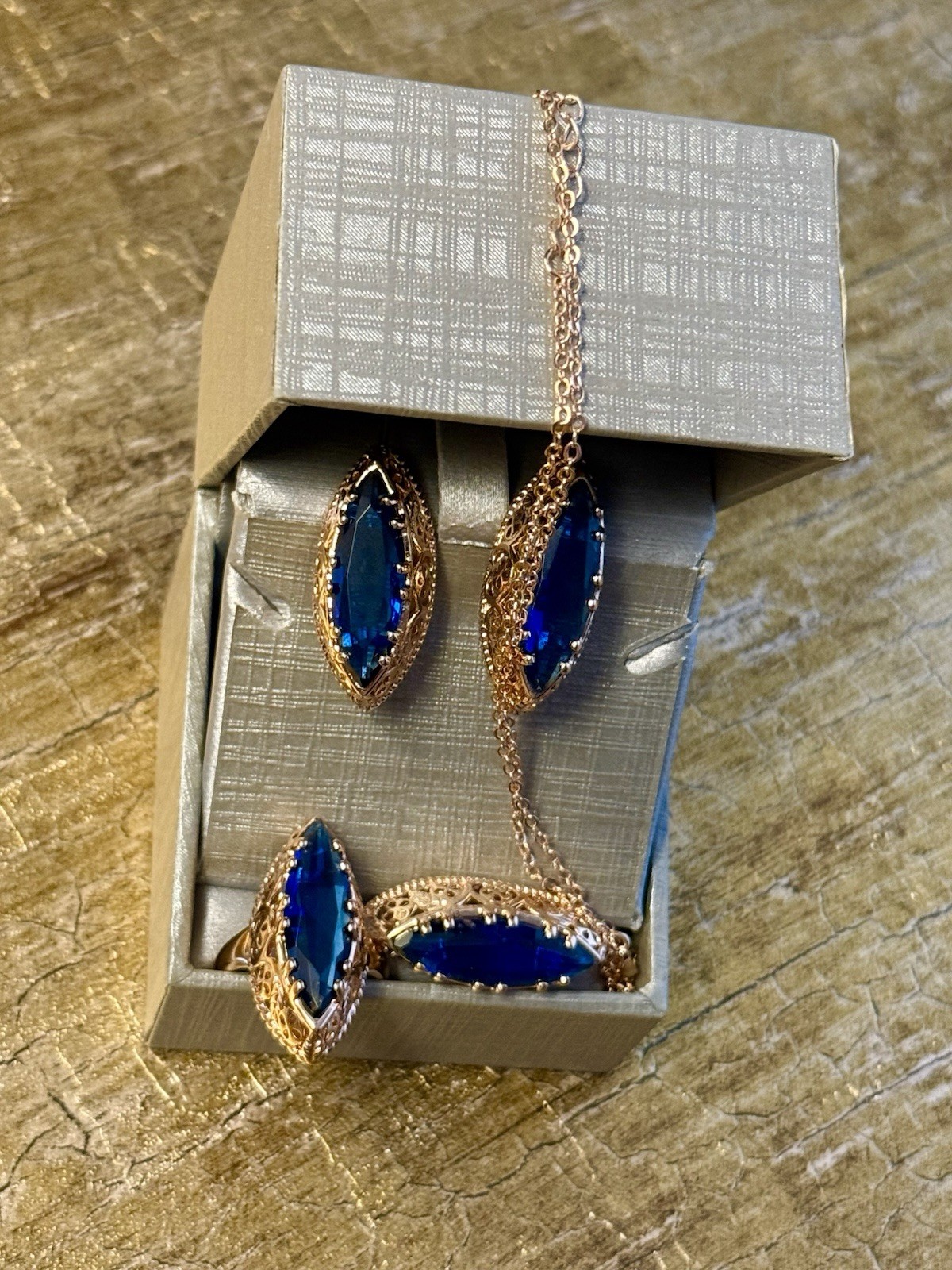 Estate Art Deco Style Czech BLUE ZIRCON Navette Necklace Earrings Ring SZ8 14kRG