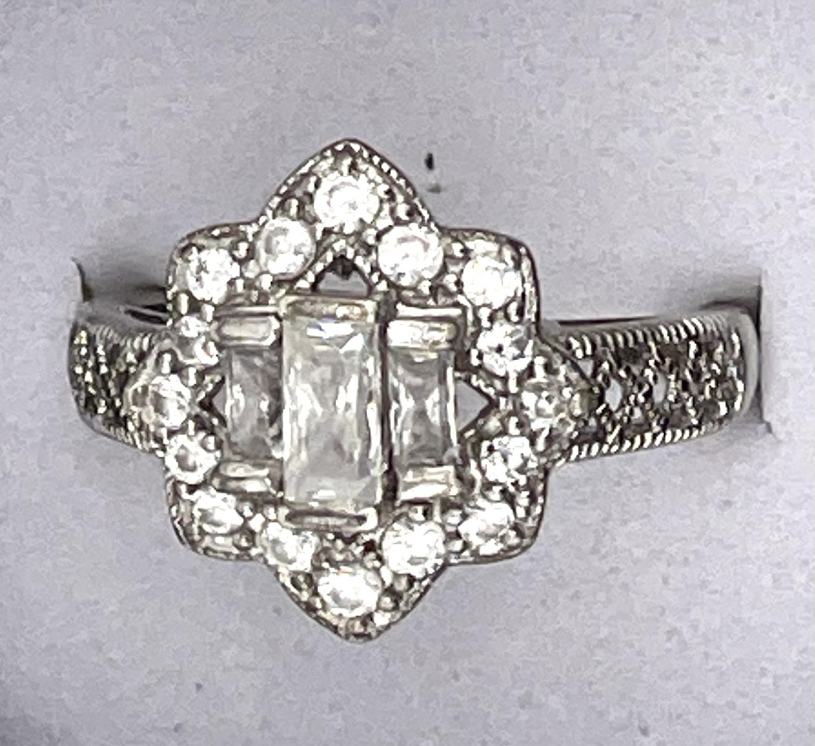 MEDA Sterling COCKTAIL RING w/Baguette & Other CZ In Filigree Setting Size 7.5
