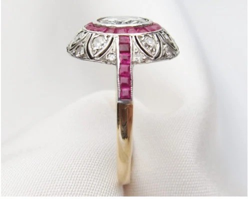 Art Deco Round Lab Created Diamond & Ruby Engagement 14K Yellow Gold Finish Ring