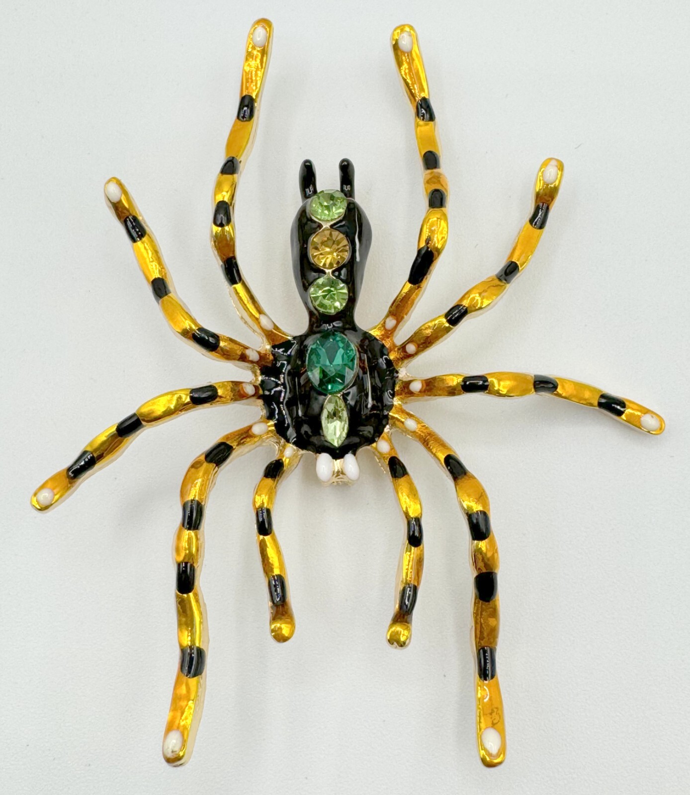 T9-1151 BROOCH GOLD TONE PIN 3.4″ ENAMEL RHINESTONE HALLOWEEN SPIDER YELOW