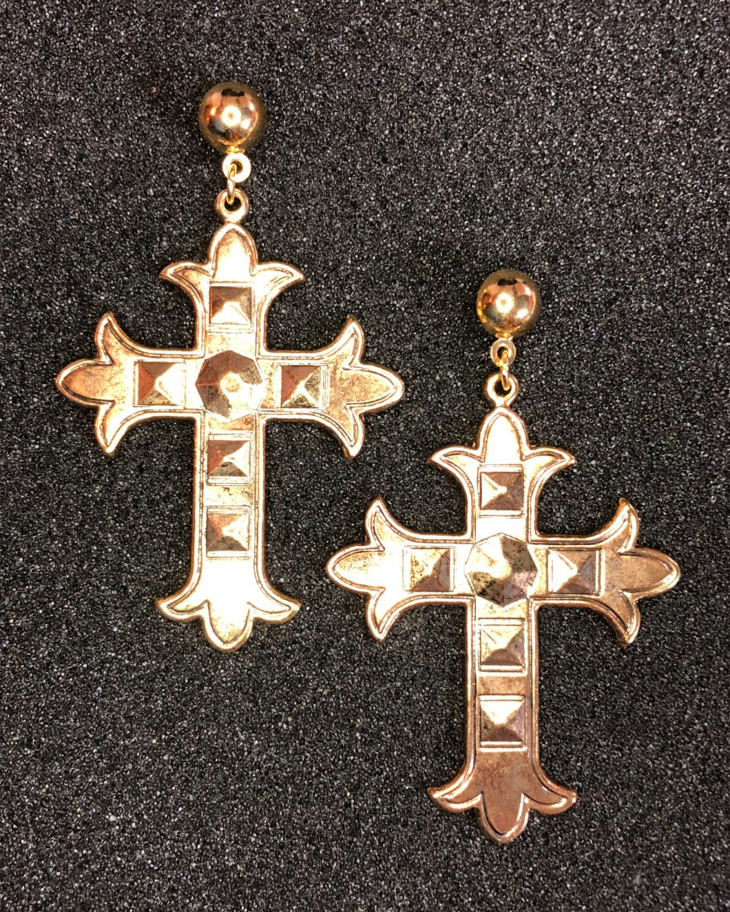 Vintage Gold Cross Earrings Gothic Studded 1980s Rockstar 2.5″ USA NWT 8052