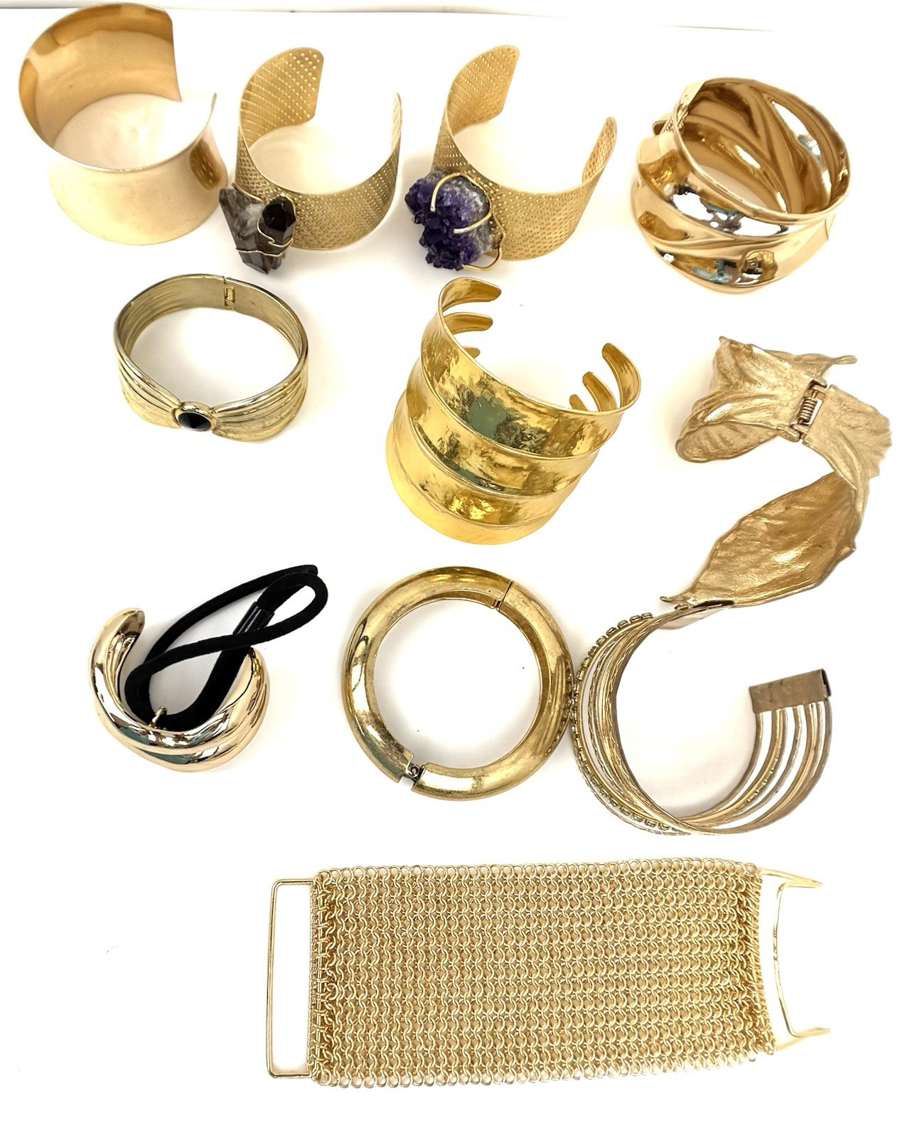 Vintage Gold Tone Bracelet Cuff Lot Of 11 Statement Bangles 1 Lb 9 Oz Mixed