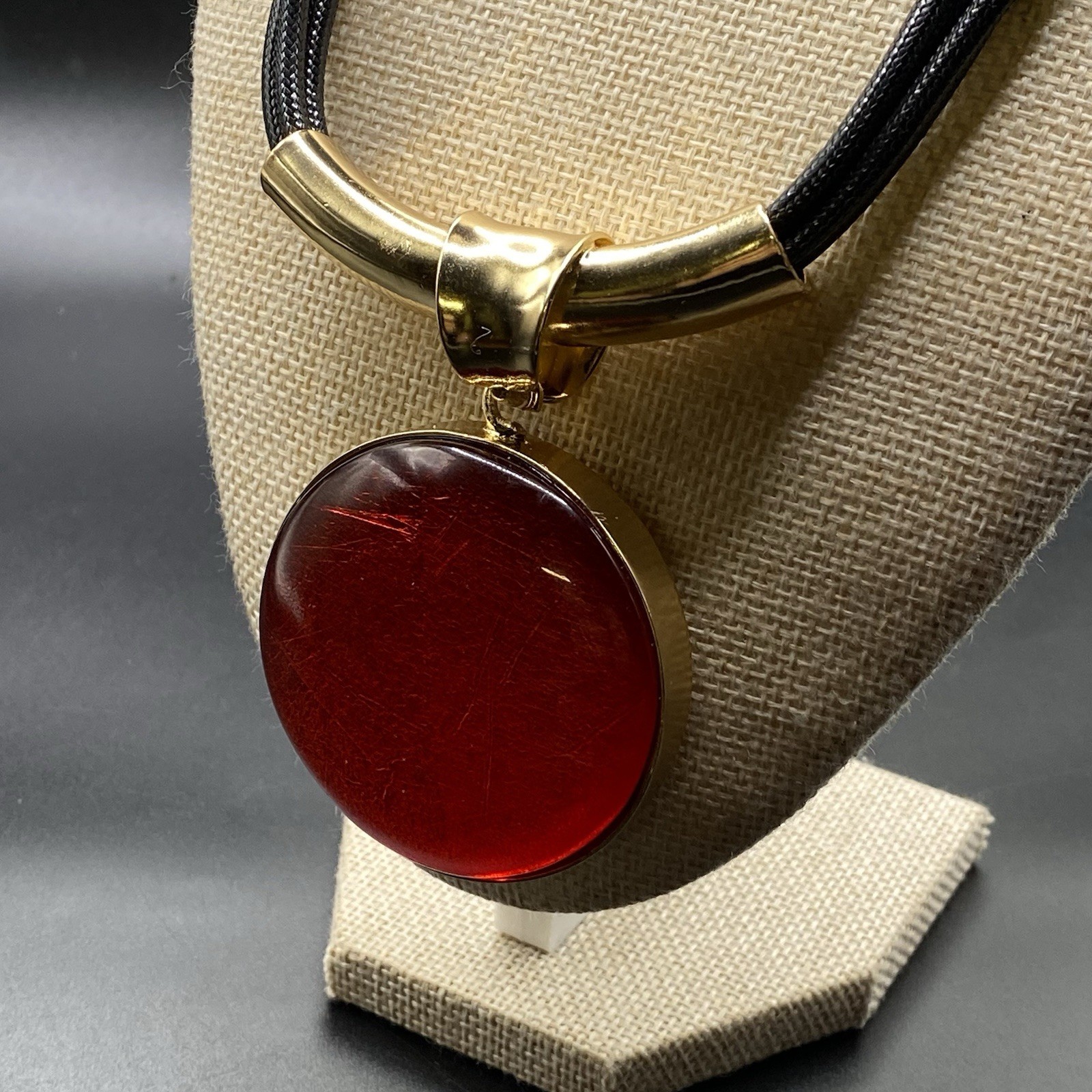 NWT Chicos Red Cabochon Necklace Medallion Large Gold Tone
