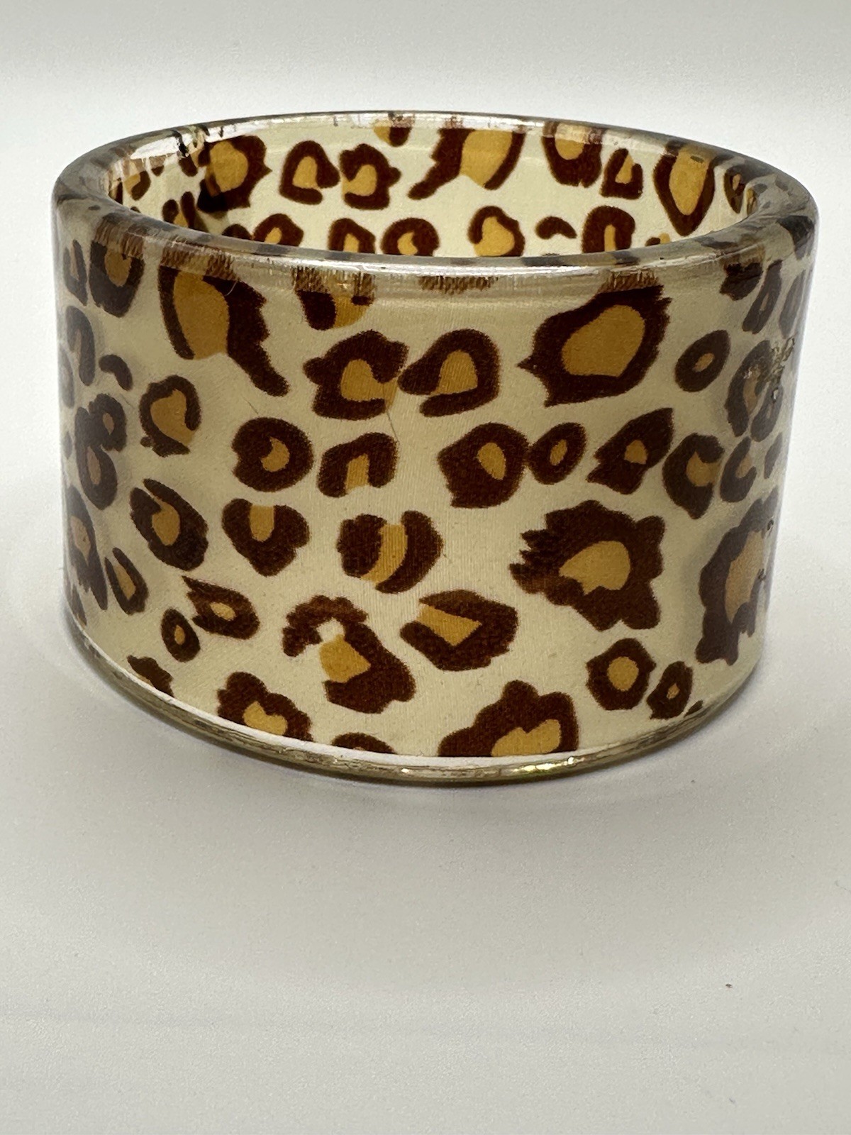 VINTAGE Lucite? Acrylic? Leopard Animal Print Wide Bangle Bracelet Size 8