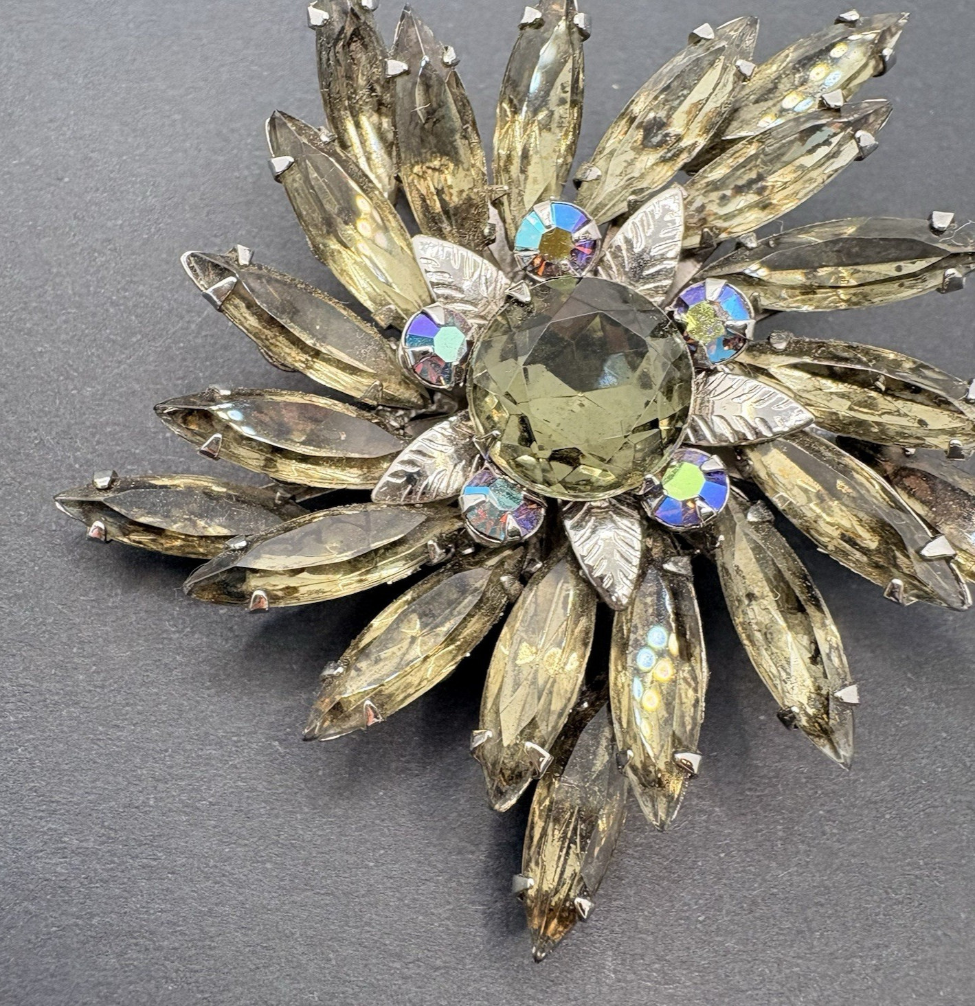 Vintage Smoky Gray Crystal Floral Swirl AB Crystals Brooch Silver Tone Prong Set